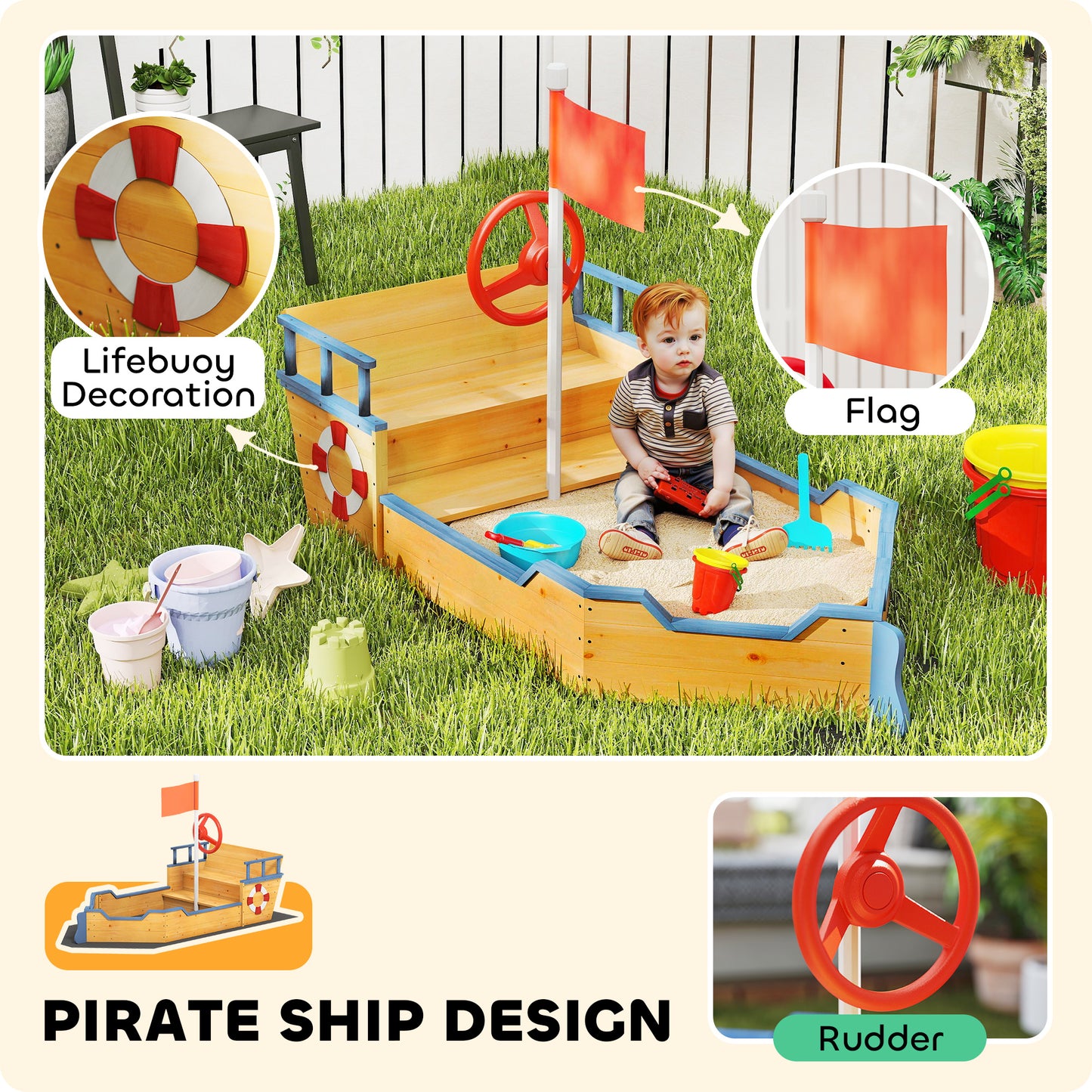 Kids Sand Pit, Children Pirate Ship Sandbox with Bench, Bottom Liner