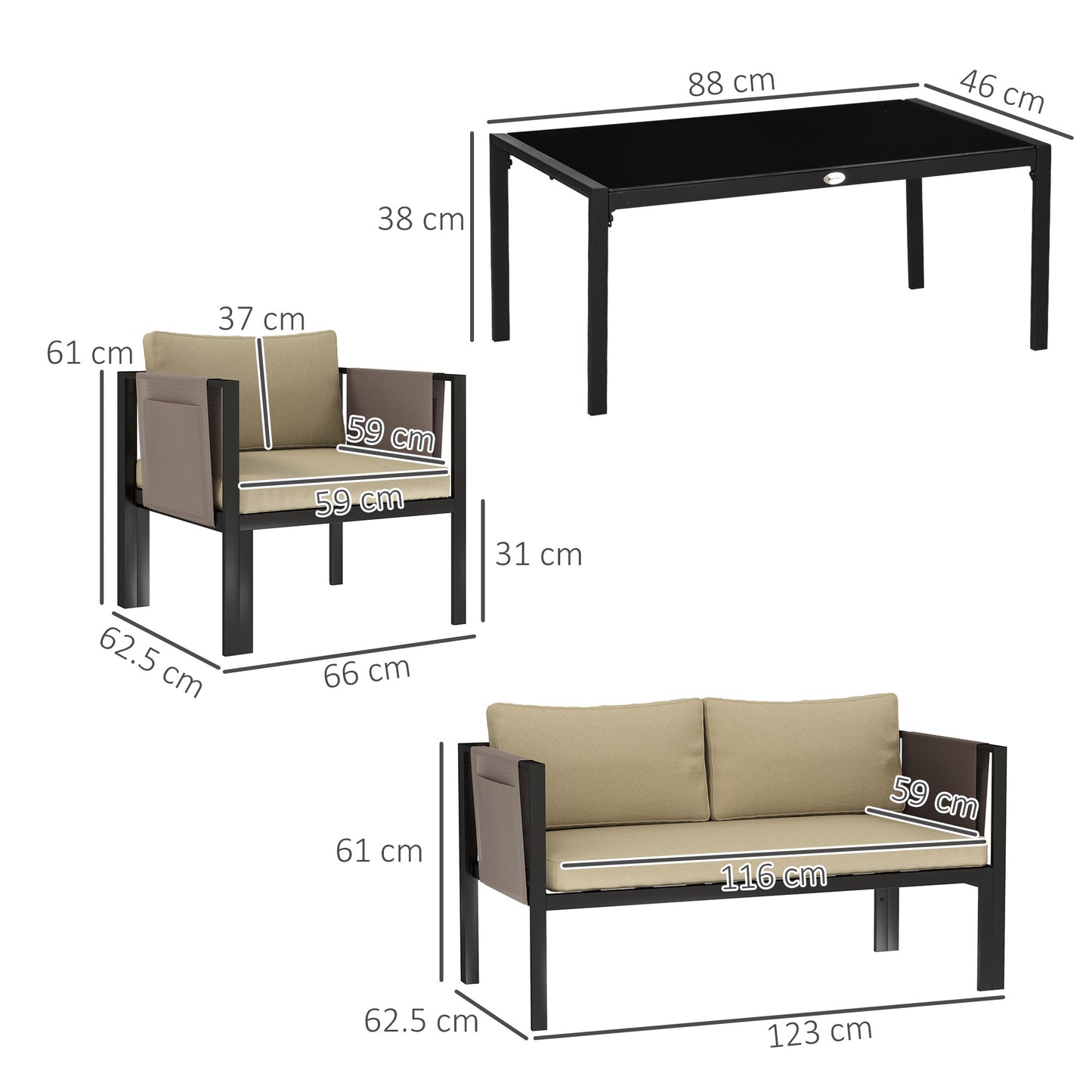 4 Piece Metal Garden Furniture Set with Tempered Glass Coffee Table