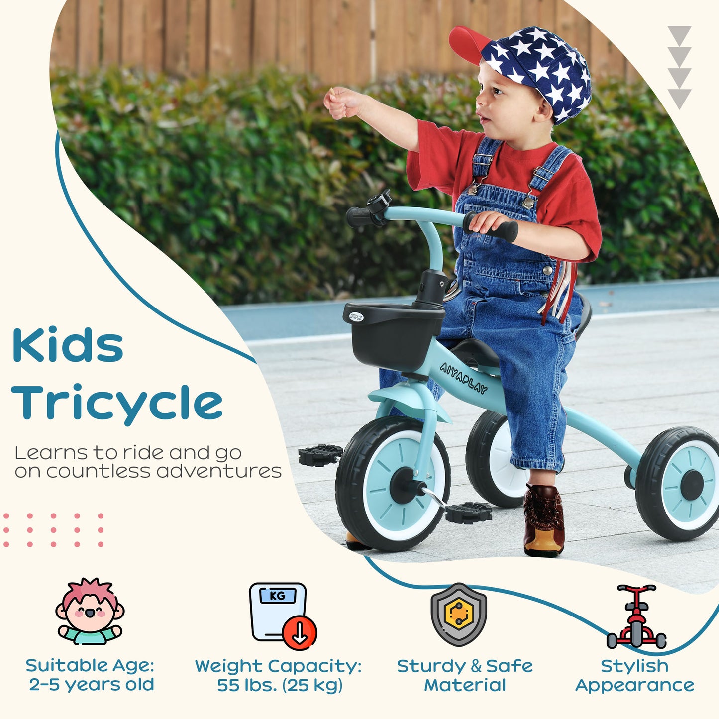 Kids Trike, Tricycle, with Adjustable Seat, Basket, Bell