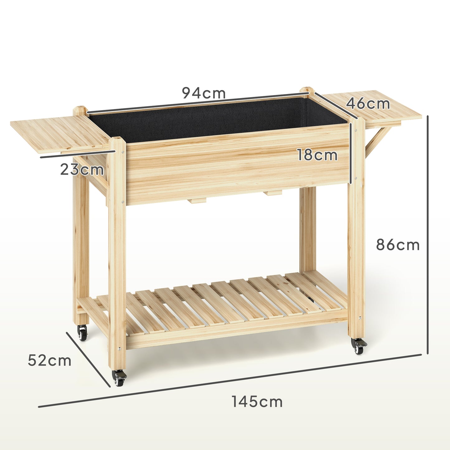 46 x 94cm Wooden Raised Planter, with Shelves - Natural Finish