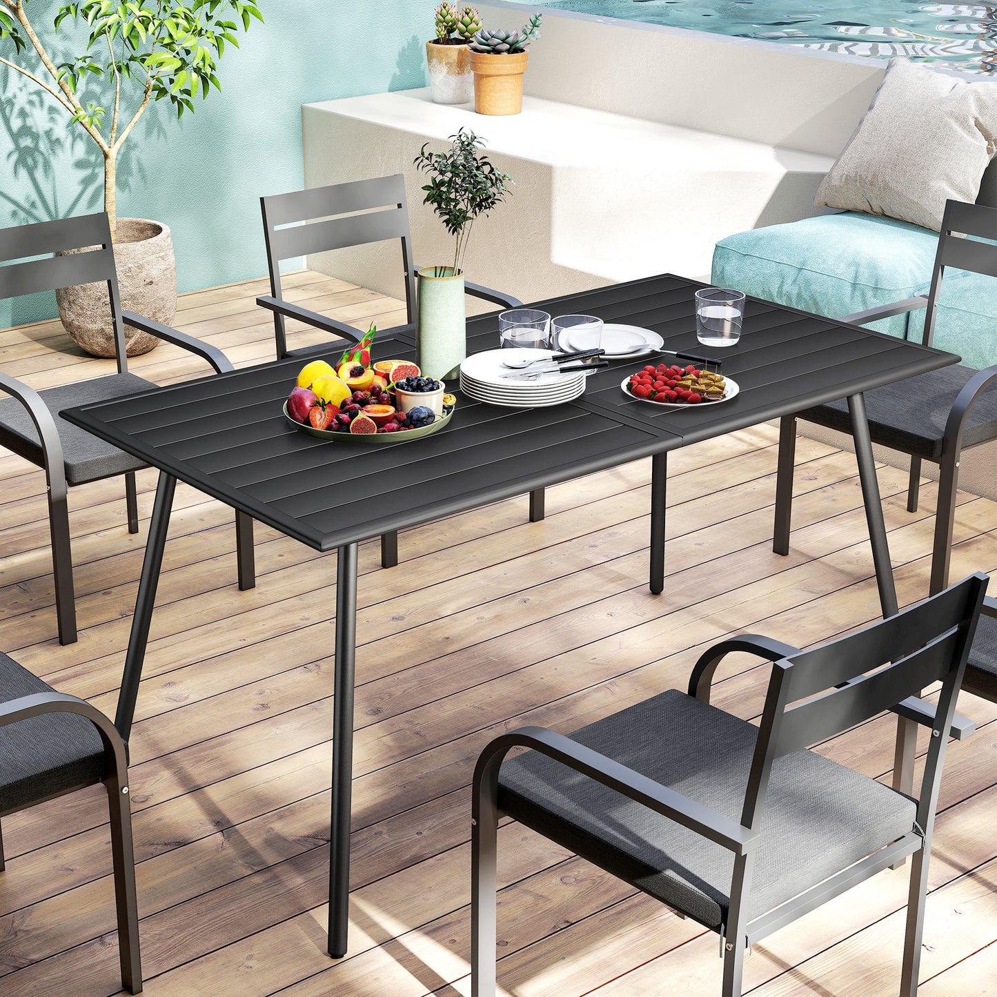 Rectangle Garden Table with Slat Top, Steel Frame