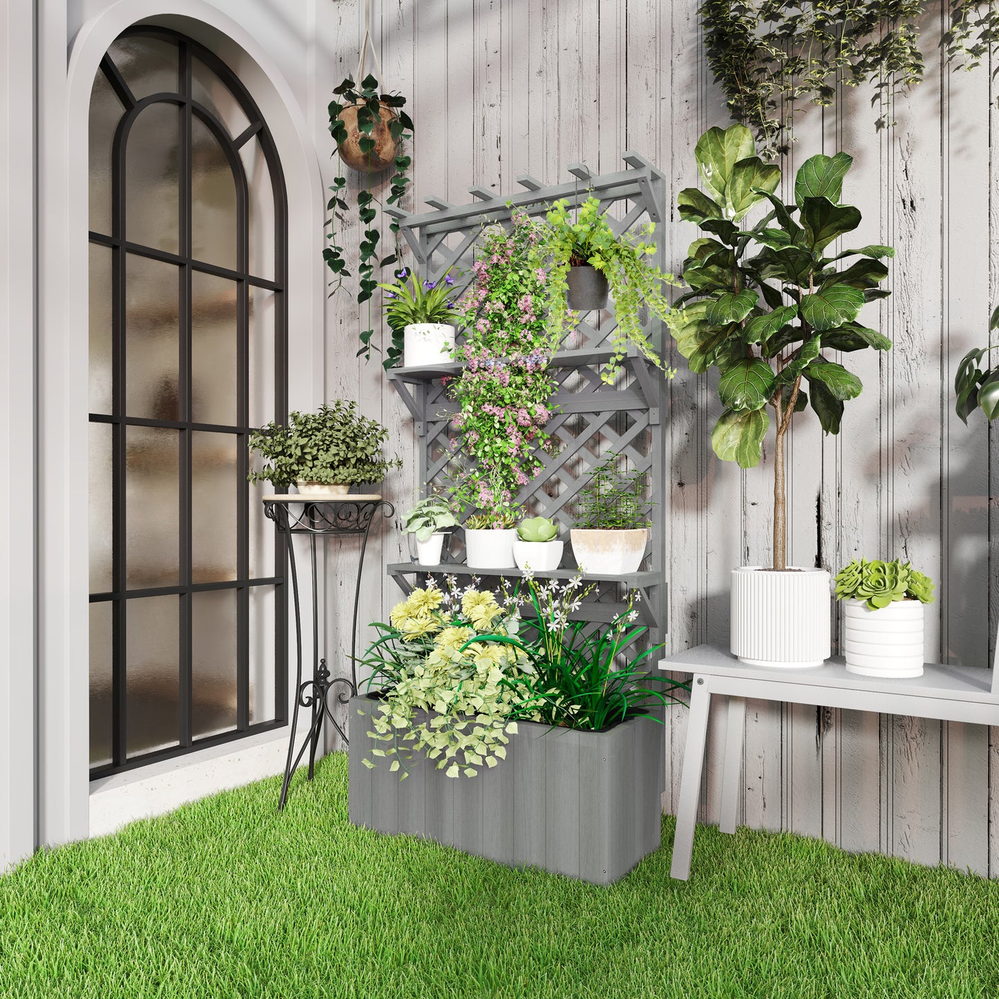 52L Wooden Planter, with Trellis and Shelves