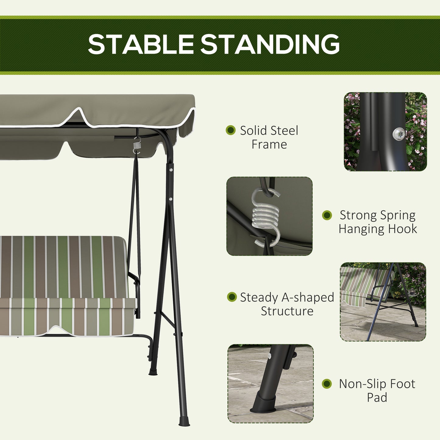 Three-Seater Garden Swing Chair, with Adjustable Canopy
