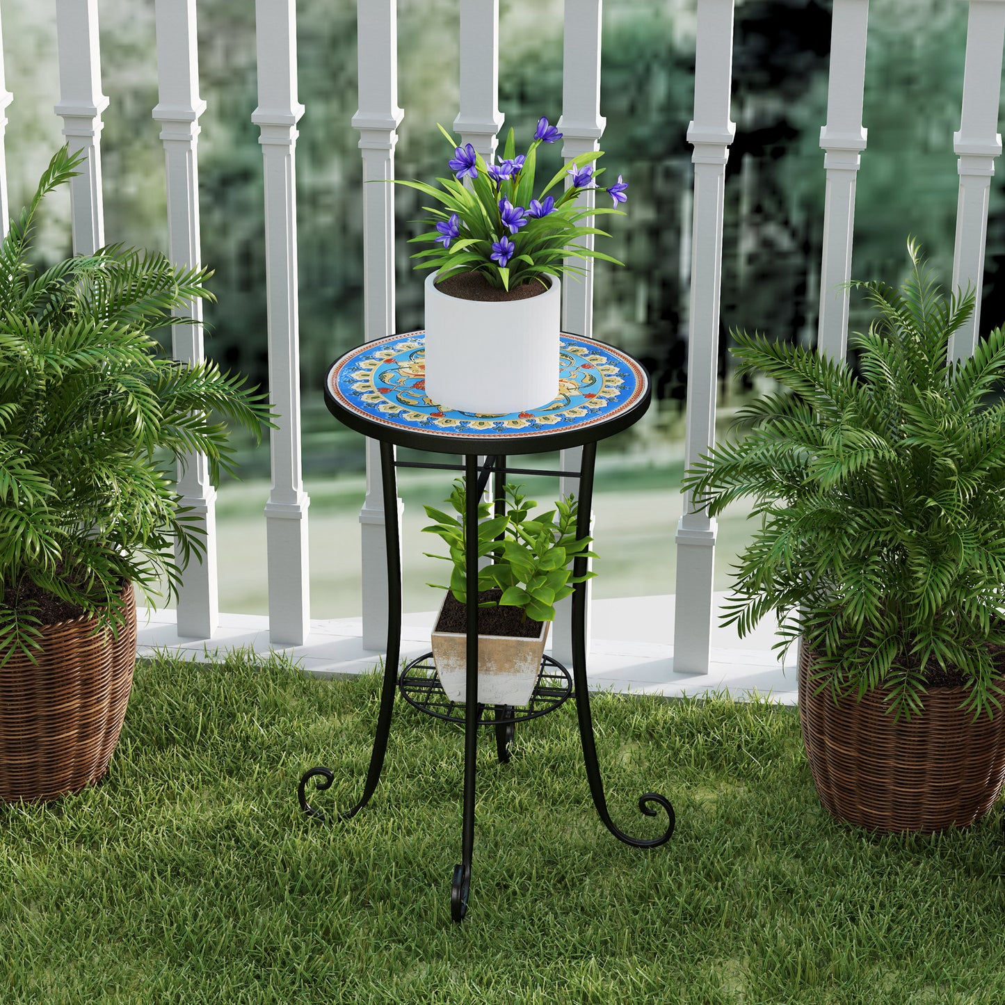 Mosaic Garden Table, 35.5 cm Round Outdoor Table with Shelf