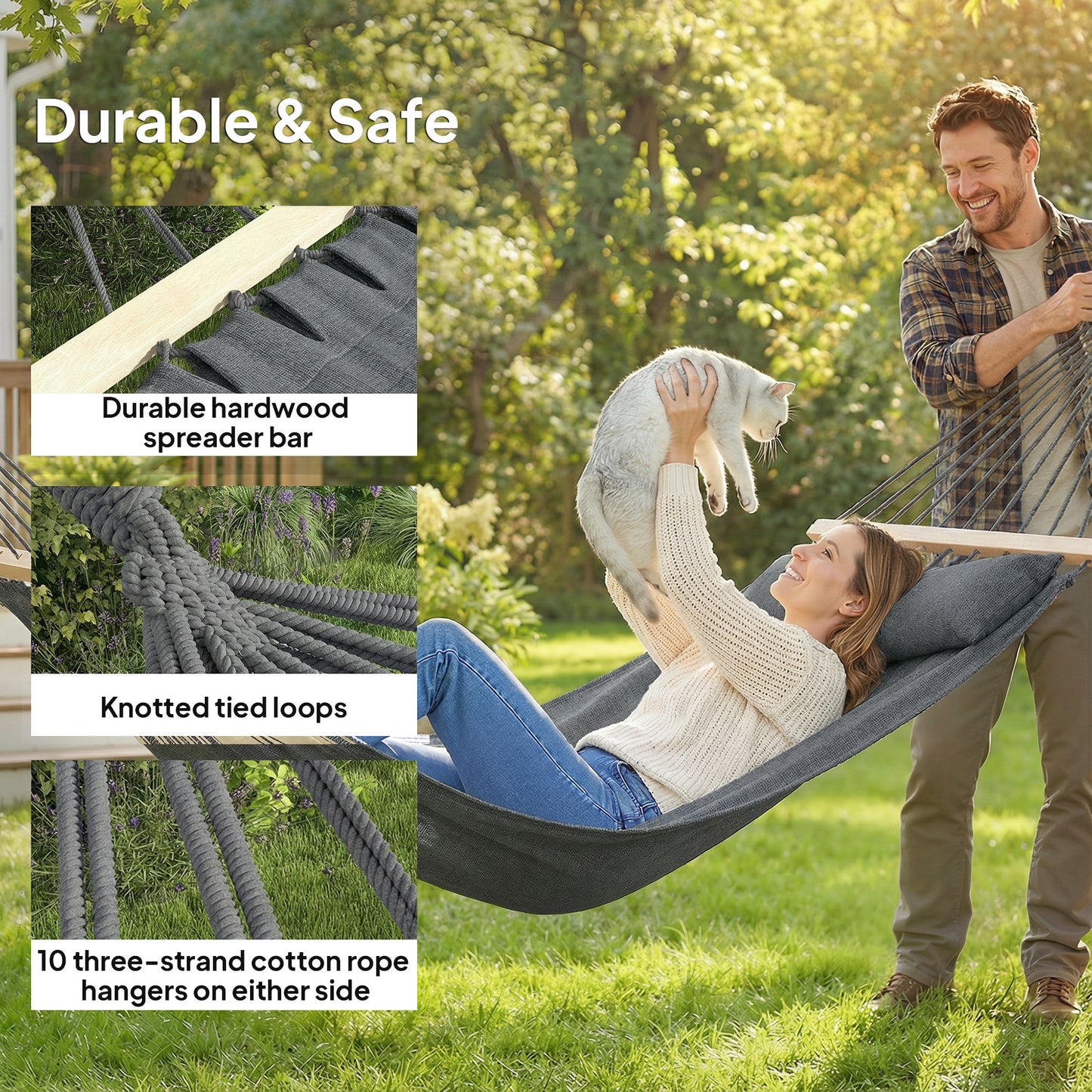 Cotton Hammock, Soft Portable Swing Sleeping w/ Headrest & Side Pocket