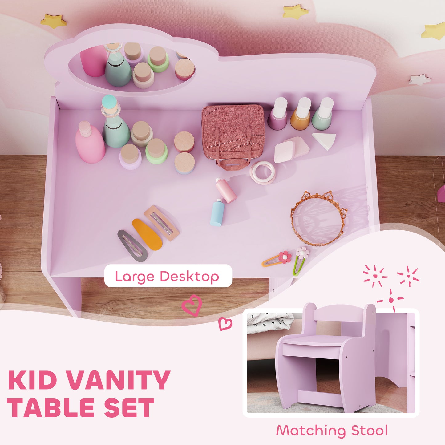 Kids Dressing Table with Mirror, Stool
