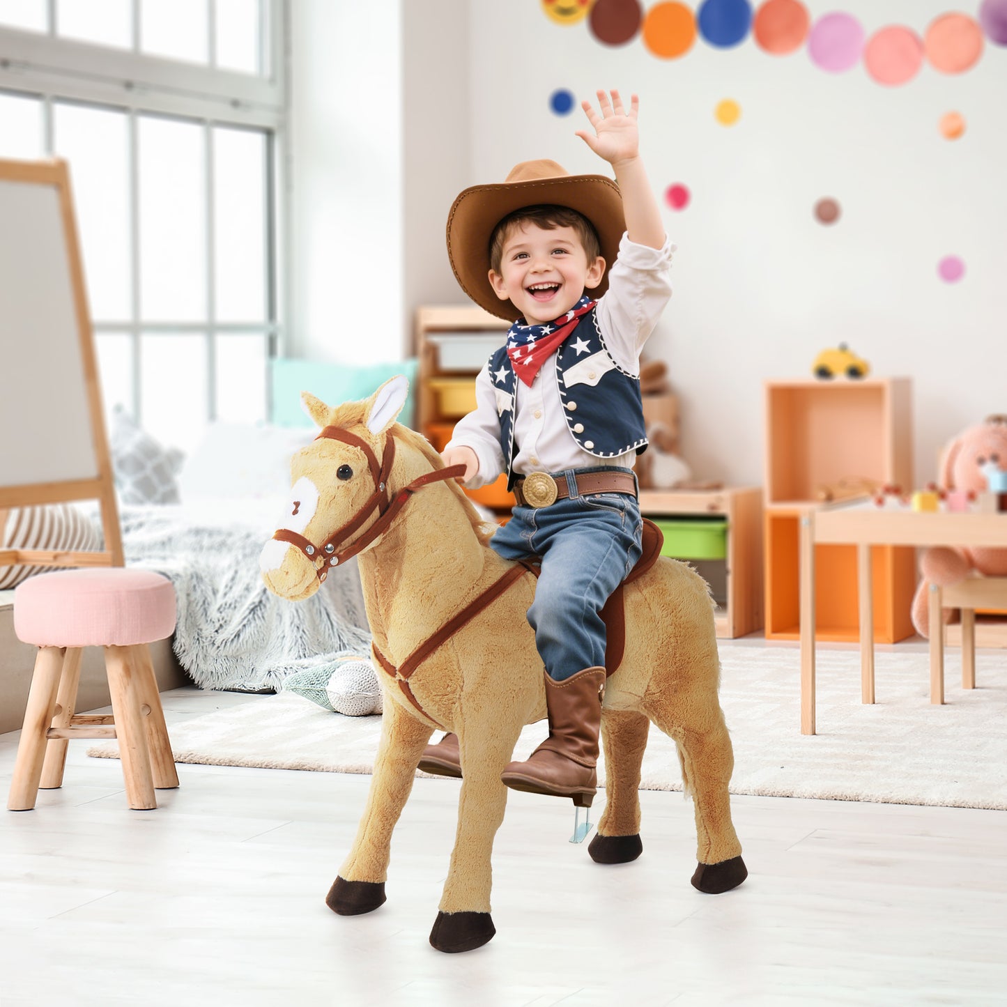 Kids Ride On Standing Horse Cuddly Toy Children Plush Soft Pony