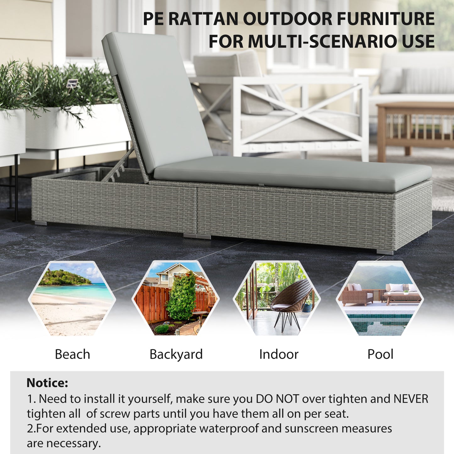 Rattan Sun Lounger, Five-Position Reclining Garden Lounger Bed
