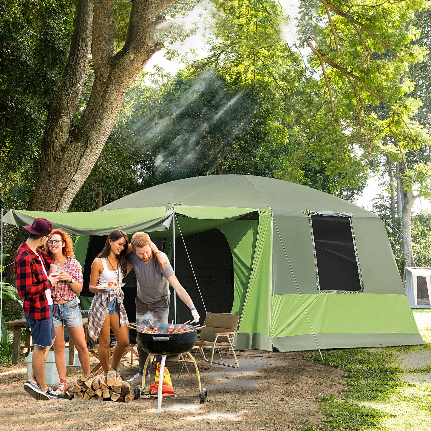 Tunnel Tent Camping Shelter w/ Porch, Two Rooms, Lamp Hook