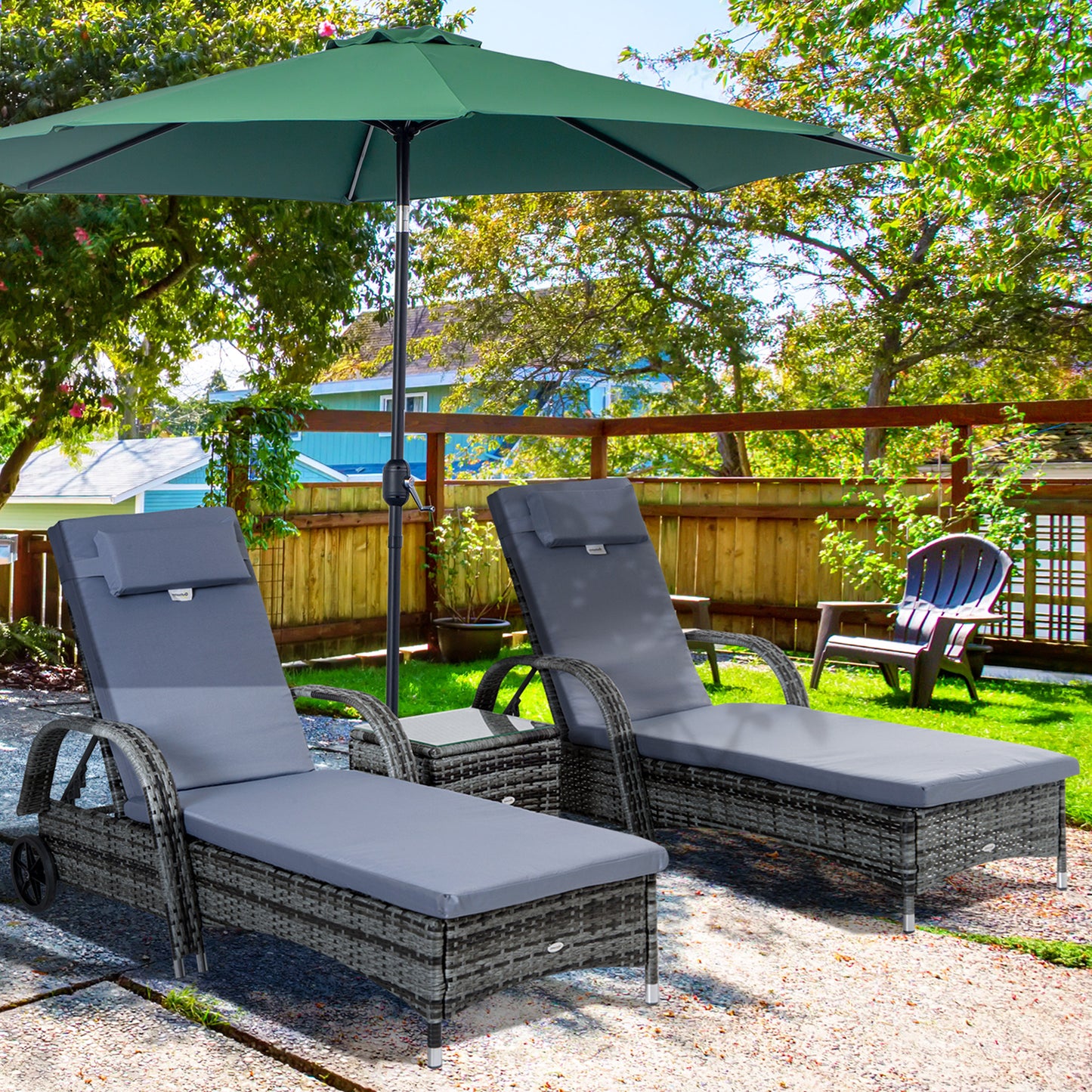 3 Pieces Rattan Sun Loungers, Garden Wicker Wheeling Recliner