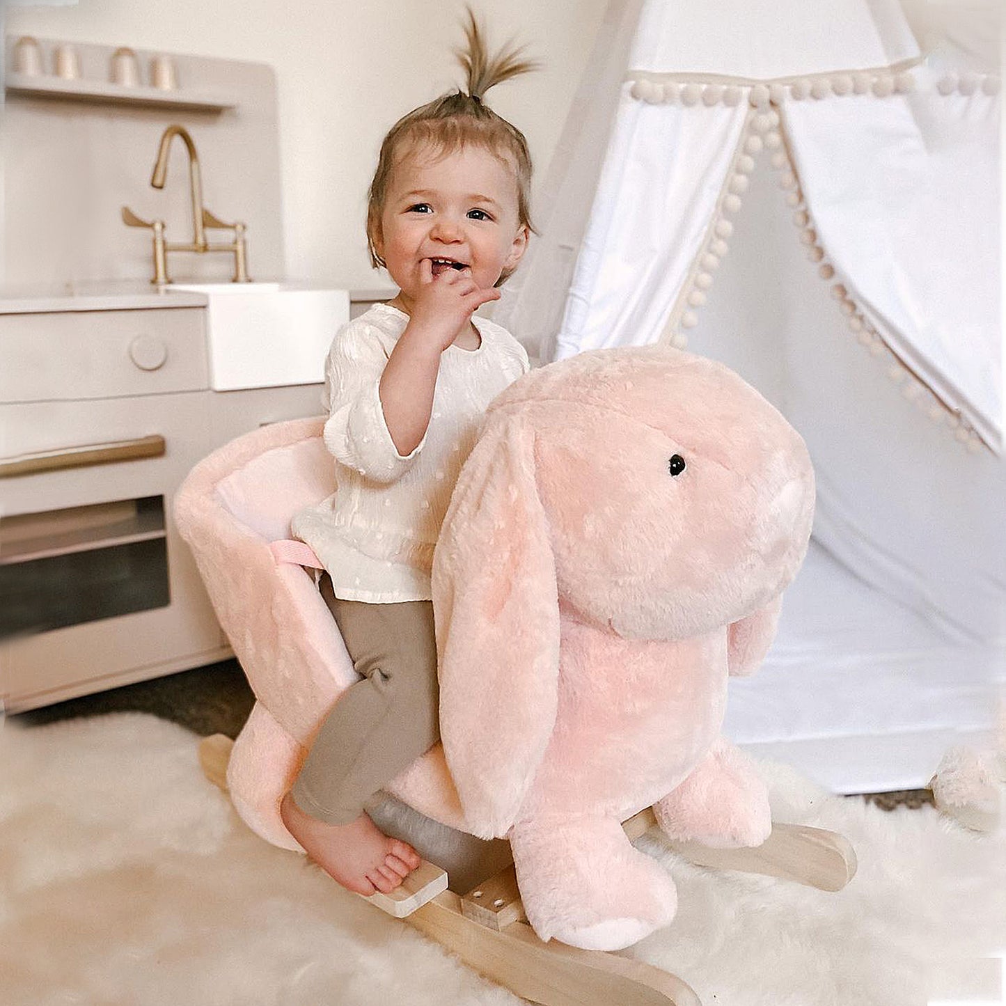 Baby Rocking Horse, Plush Baby Rocker Rabbit Ride-On Toy with Sound