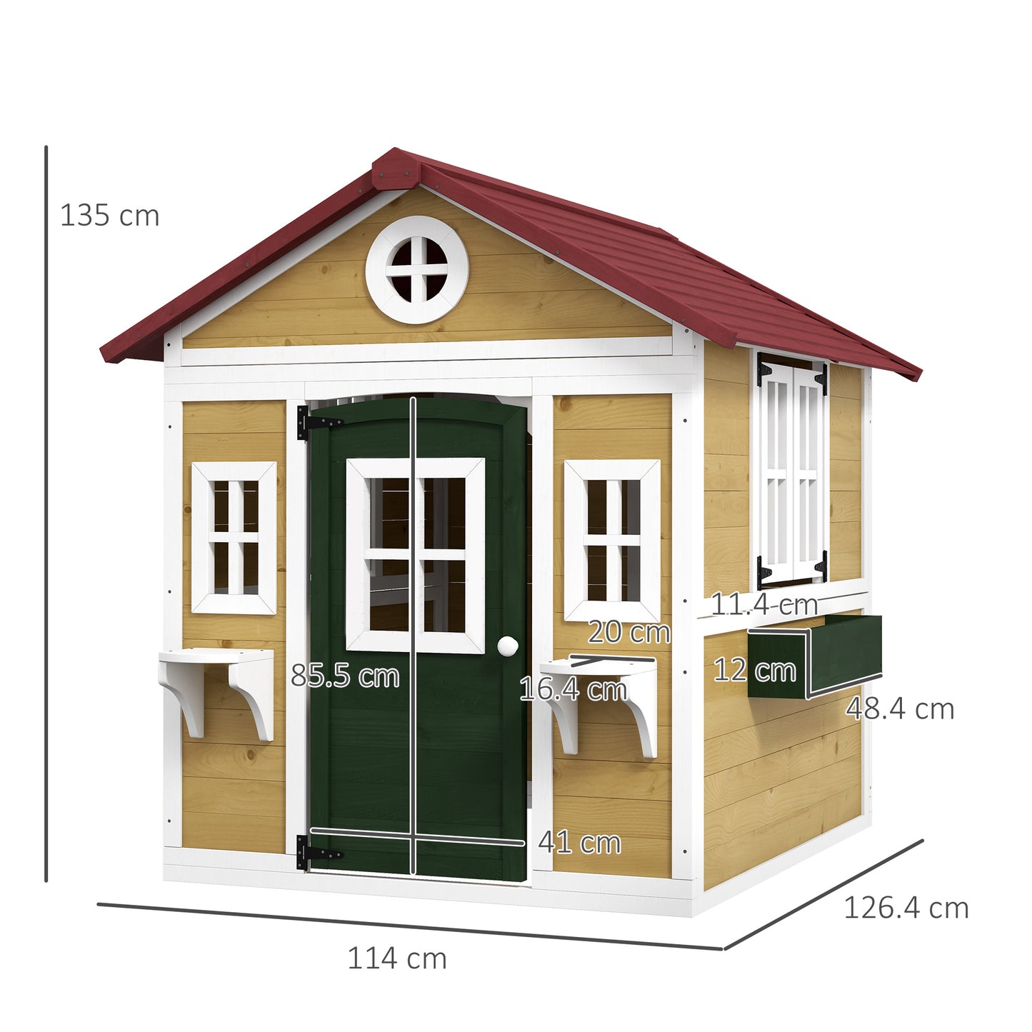 Wooden Playhouse with Doors, Windows, Plant Pots, Boxes, for 3-8 Years