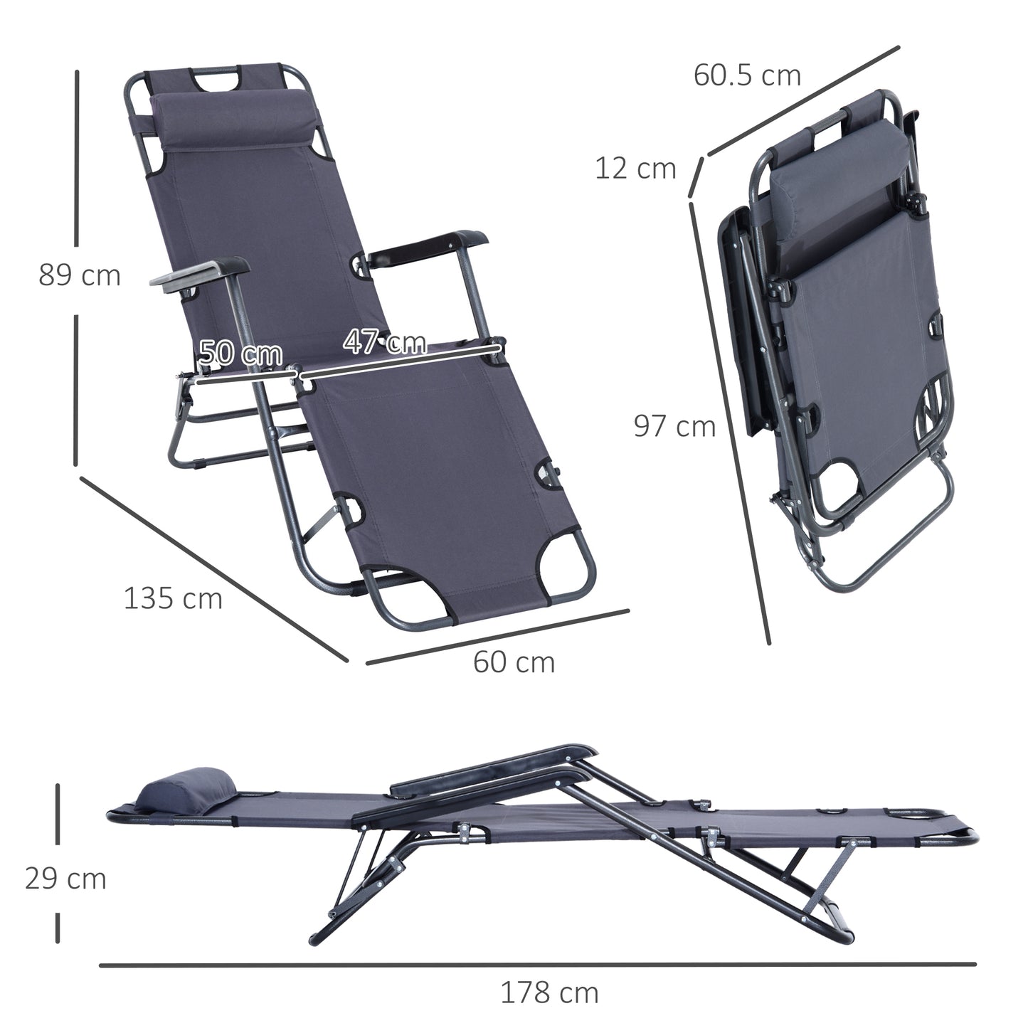 2 in 1 Folding Sun Lounger Reclining Garden Chair Set of 2