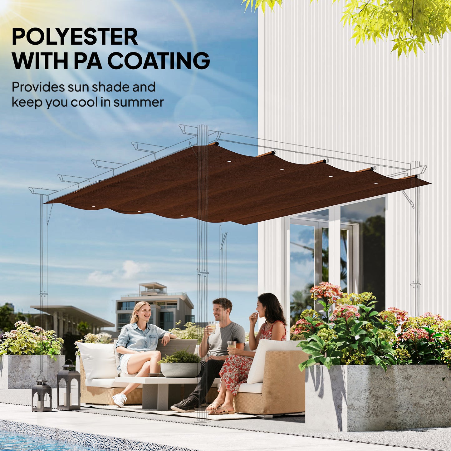 Pergola Cover Roof, 2.86 x 2.45 m Retractable Sun Shade Top