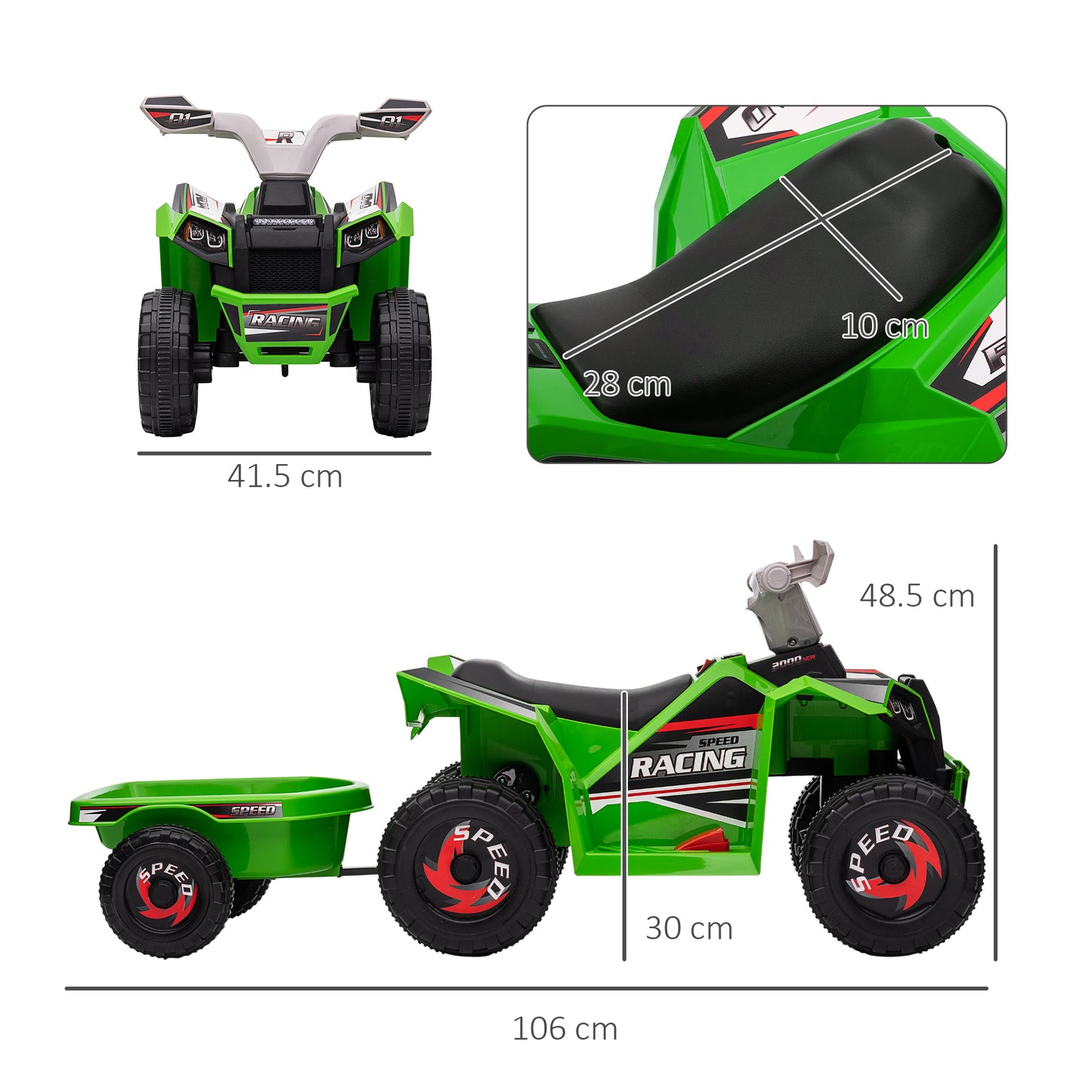 6V Quad Bike with Back Trailer, Wear-Resistant Wheels