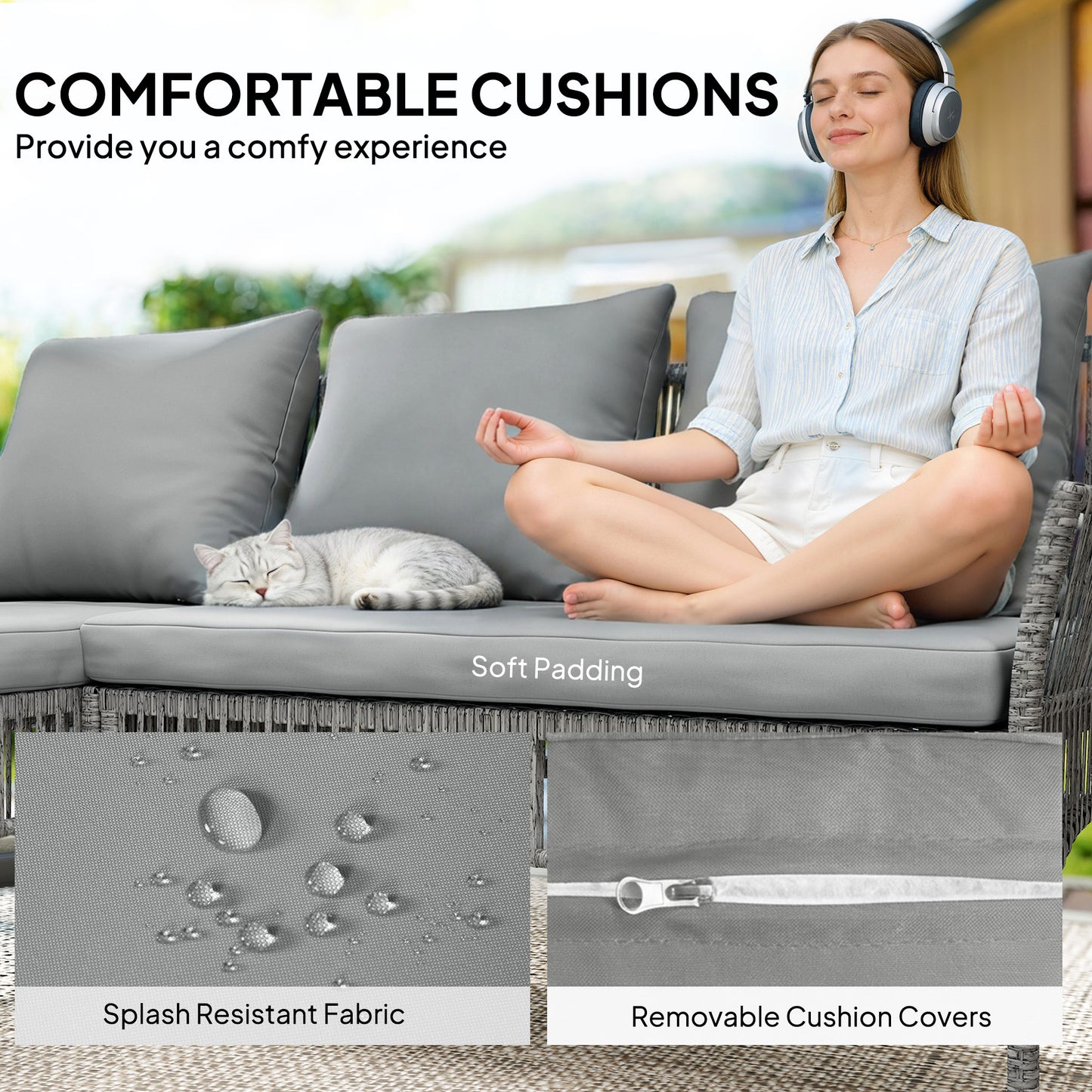 3 Piece Rattan Garden Furniture Corner Sofa Set with Chaise Lounge