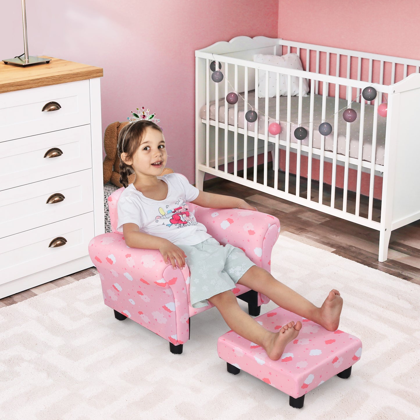 Toddler Chair Children's Armchairs Wood Frame w/ Footrest Anti-Slip