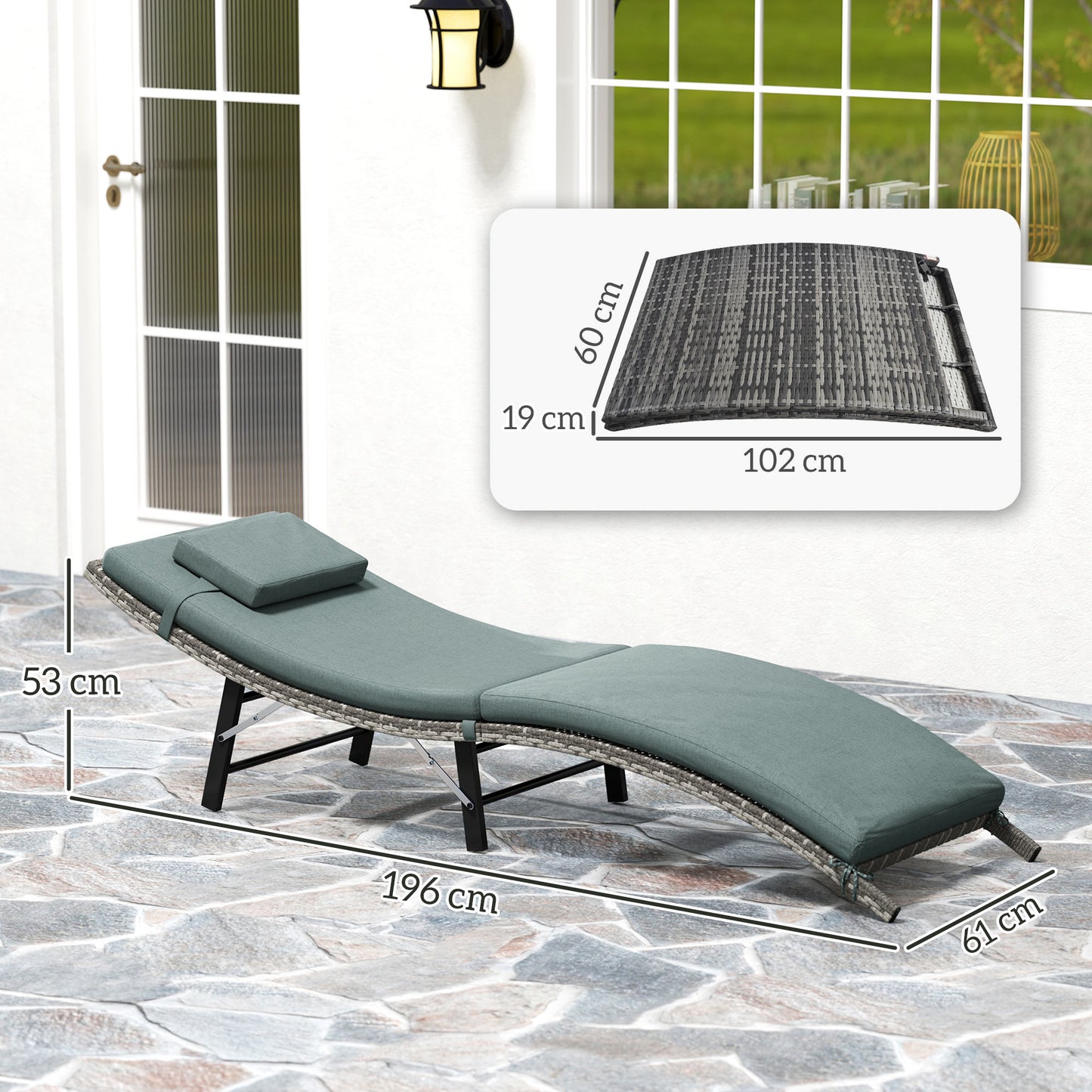 Rattan Folding Sun Lounger Outdoor Chair with Cushion and Pillow