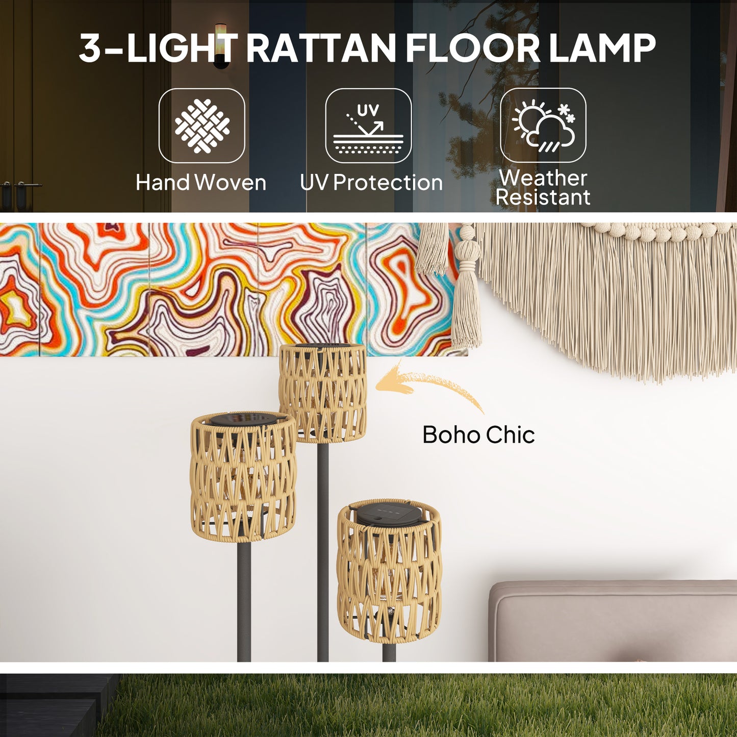 Boho Rattan Floor Lamp, 3-Lights Rattan Lamp with Shelf