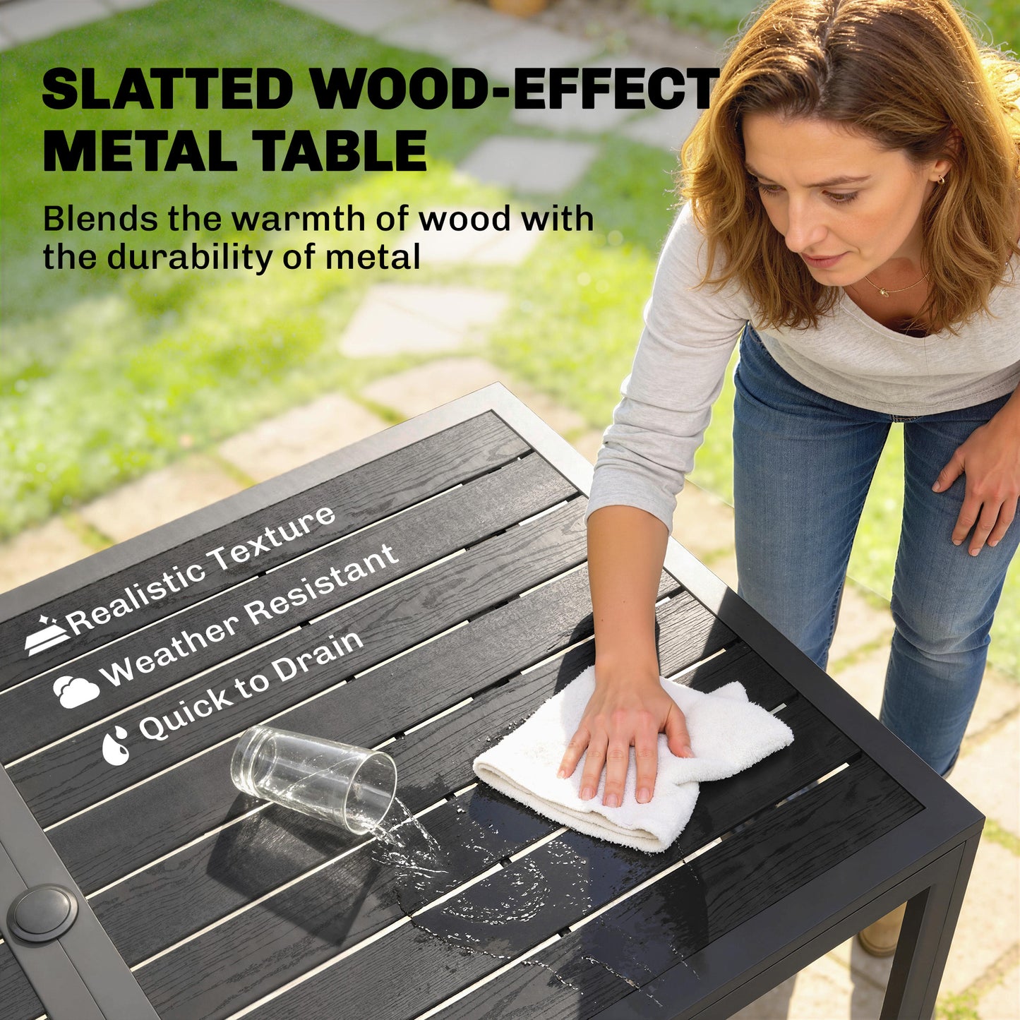 Garden Dining Set for 6, Faux Wood Metal Outdoor Table