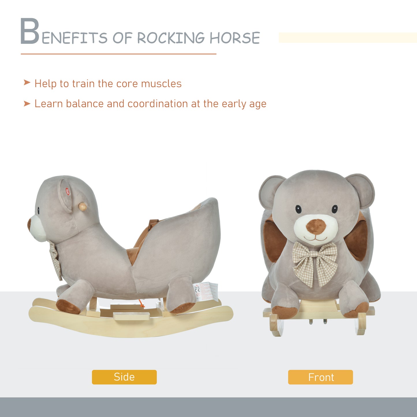 Kids Children Rocking Horse Plush Ride On Bear Seat w/ Sound Wood