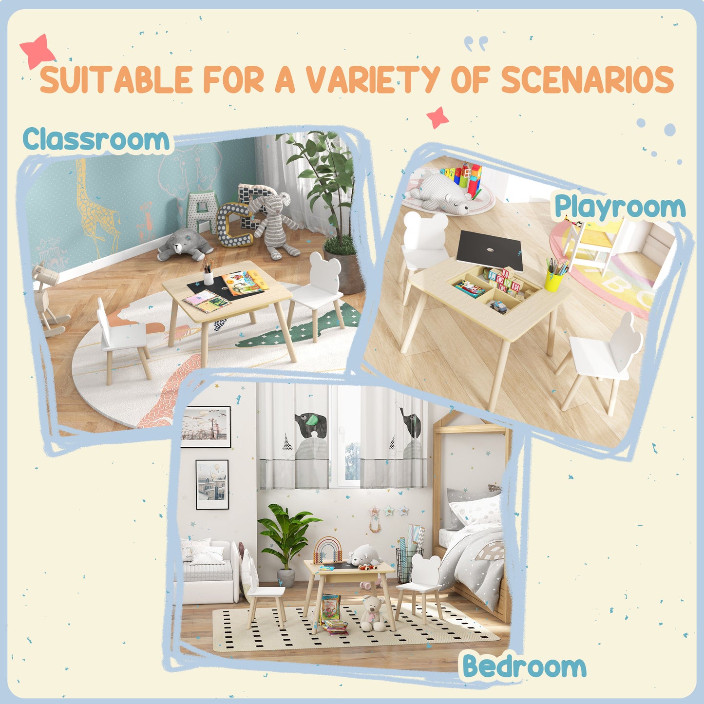 3-Piece Kids Table and Chairs Set with Convertible Desk