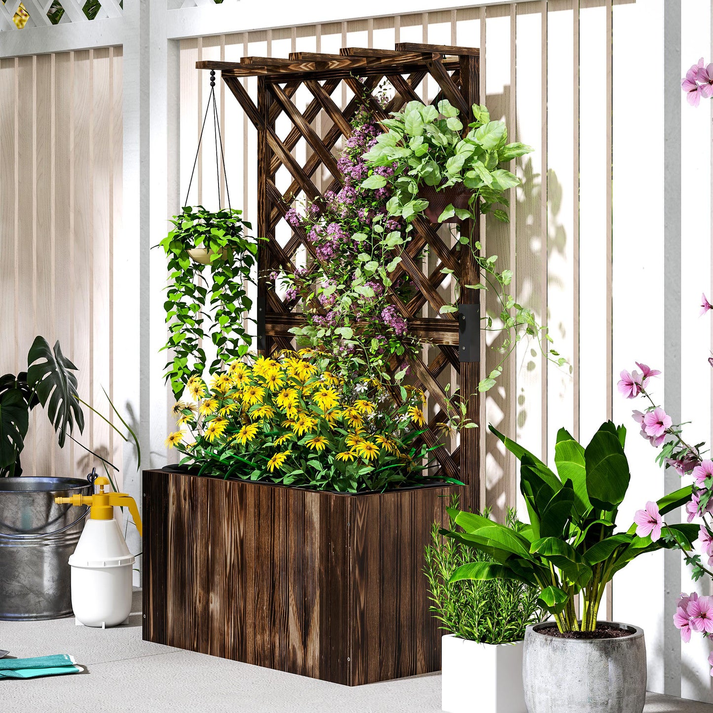 Wooden Planter with Trellis