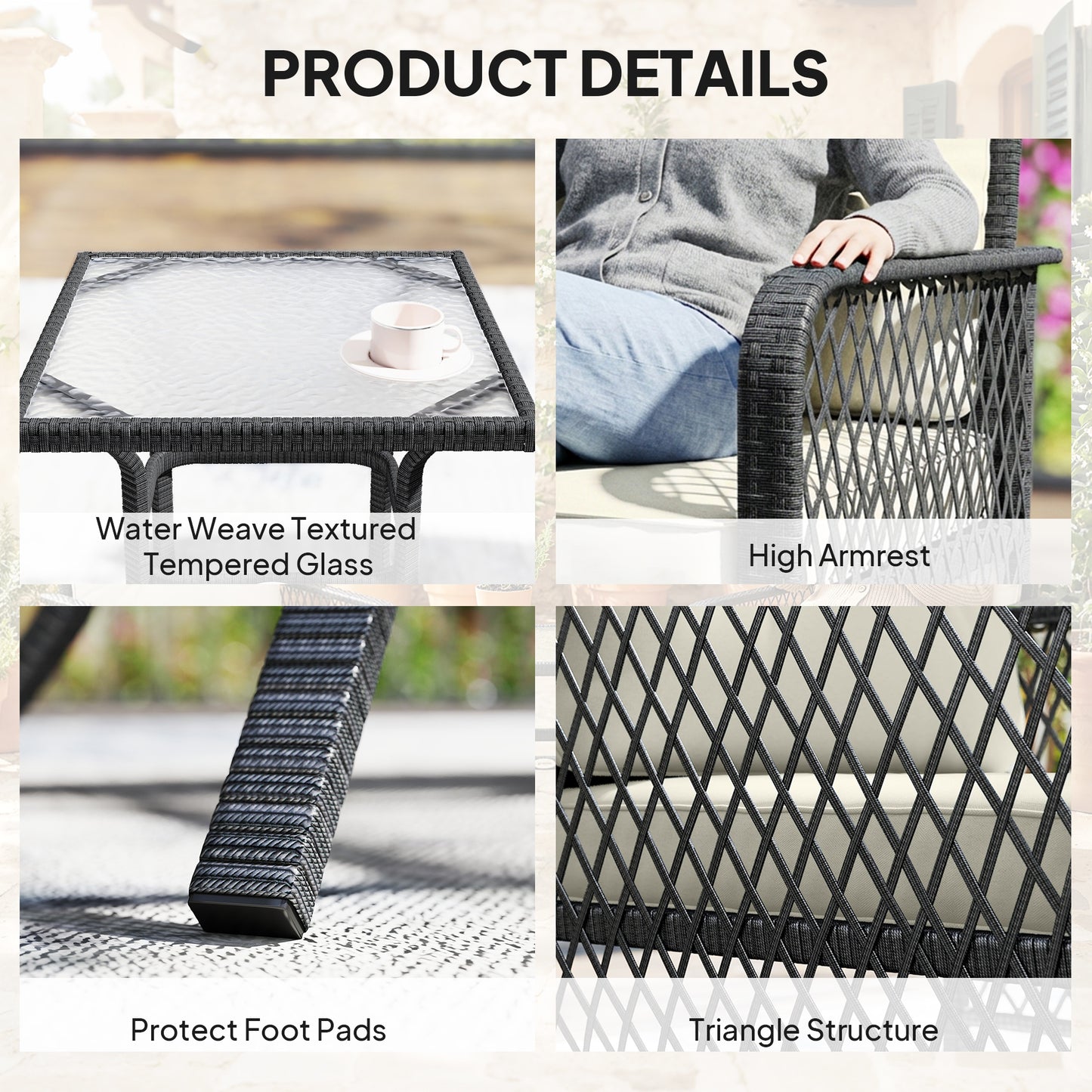3 Pieces Rattan Bistro Set with Glass Top Coffee Table