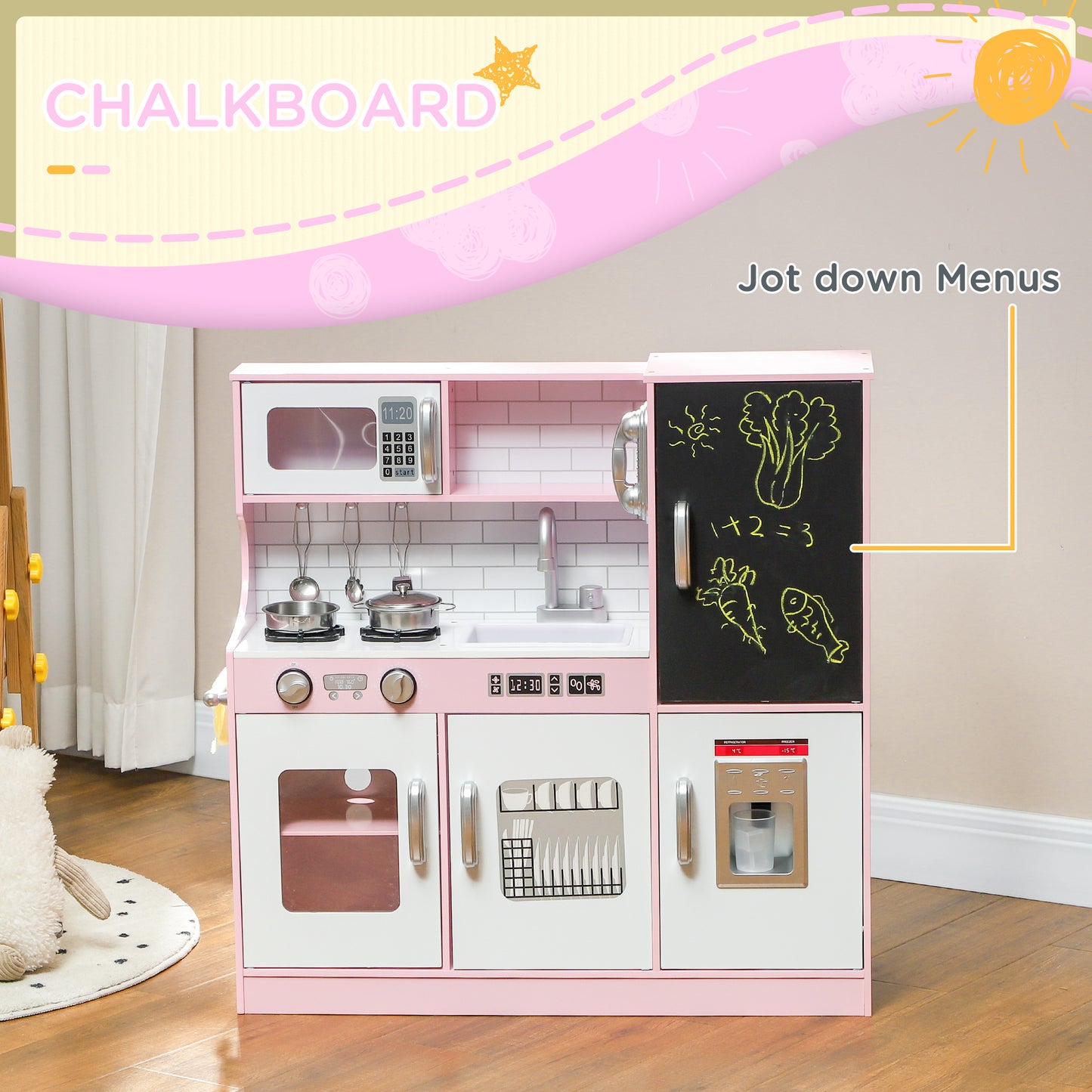 Pretend Play Kitchen, Kids Kitchen Playset w/ Toy Phone, Chalkboard