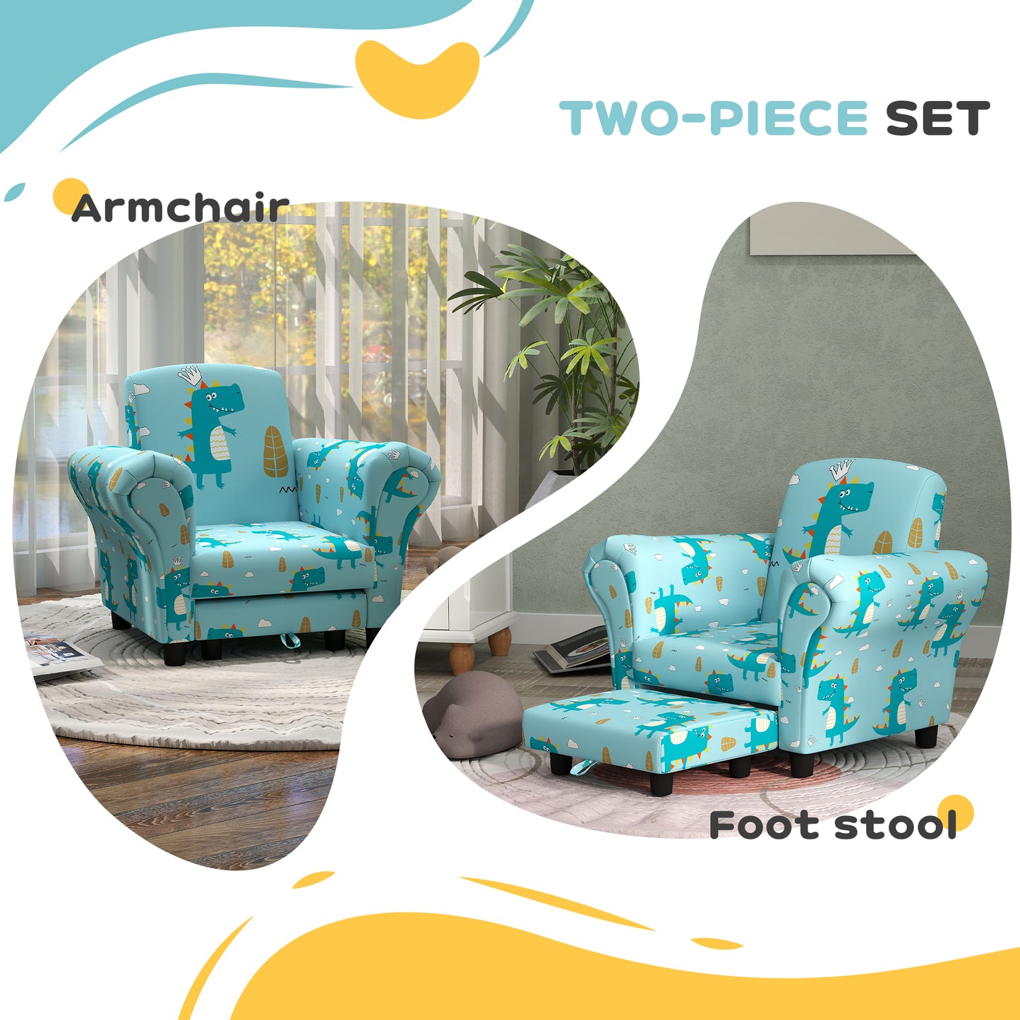 2 Piece Kids Sofa Set with Dinosaur Design, Wooden Frame