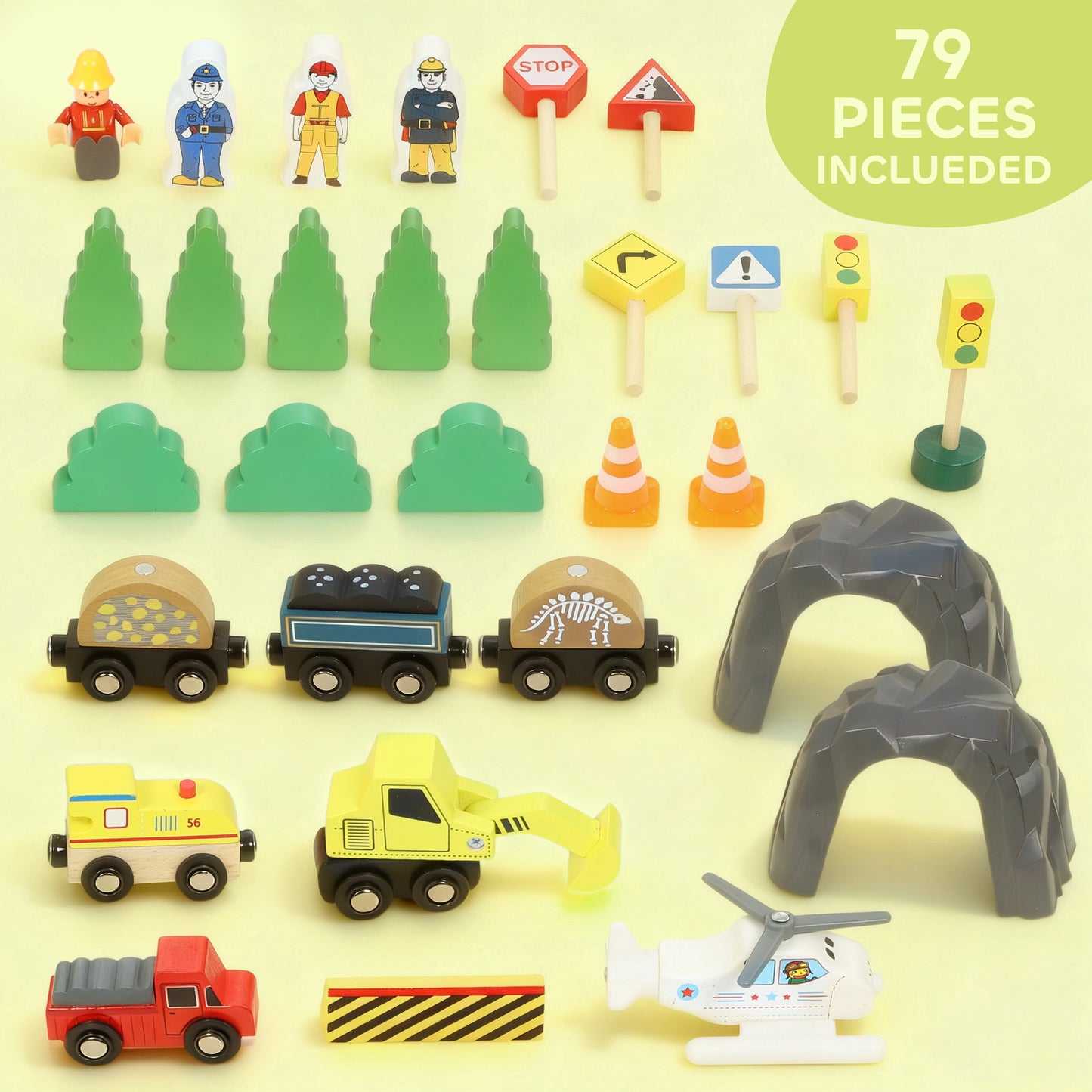 79 Piece Wooden Train Set, Kids Train Track Mine Themed with Crane