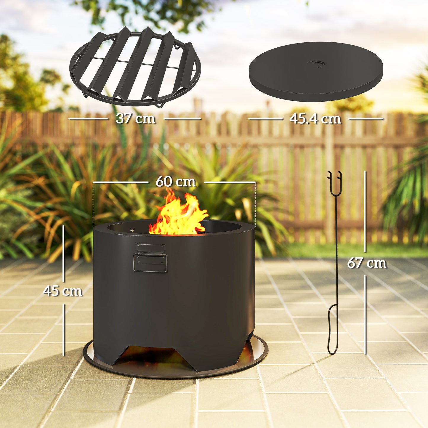 Outdoor Round Fire Pit with Lid and Fire Poker