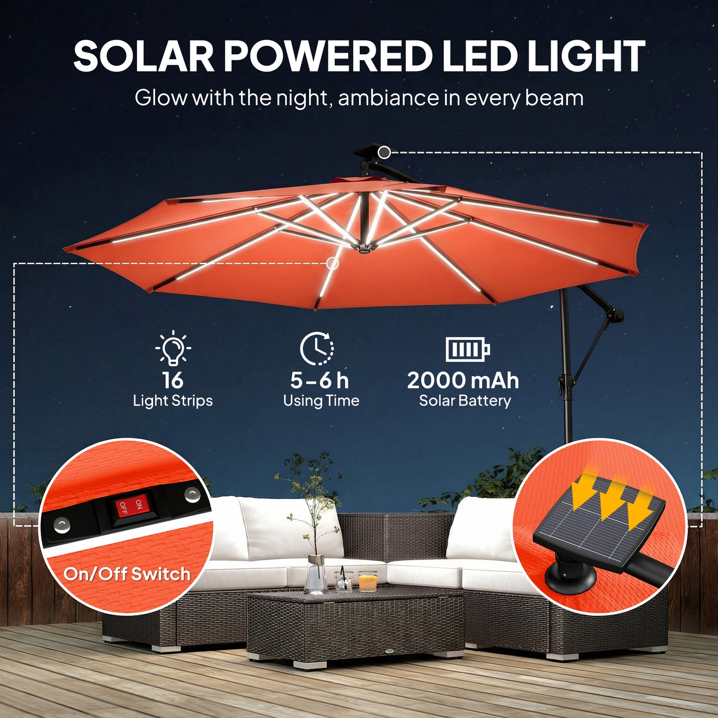 3 m Garden Cantilever Parasol with LED Solar Light