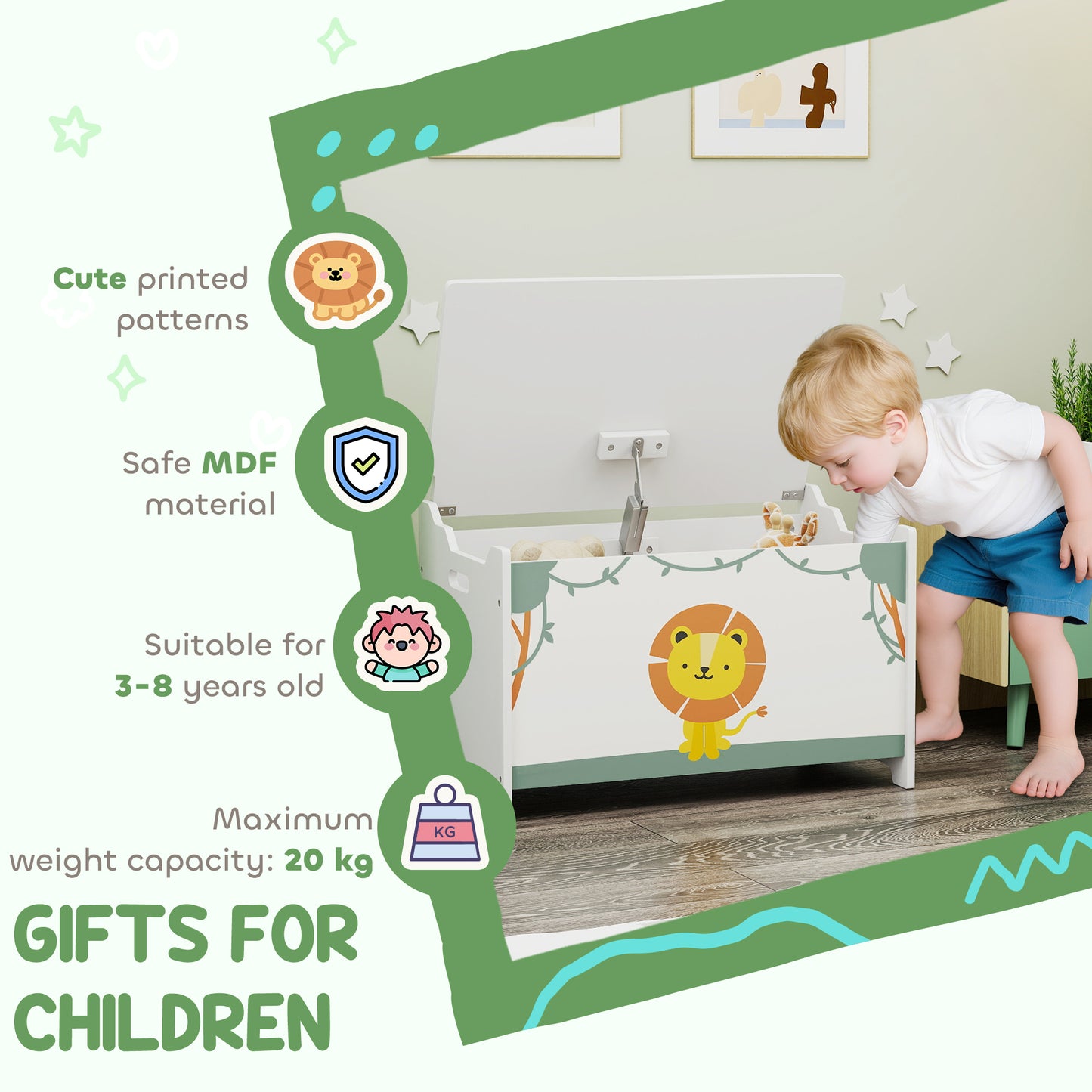 Toy Box with Lid, Safety Hinges and Groove Handles
