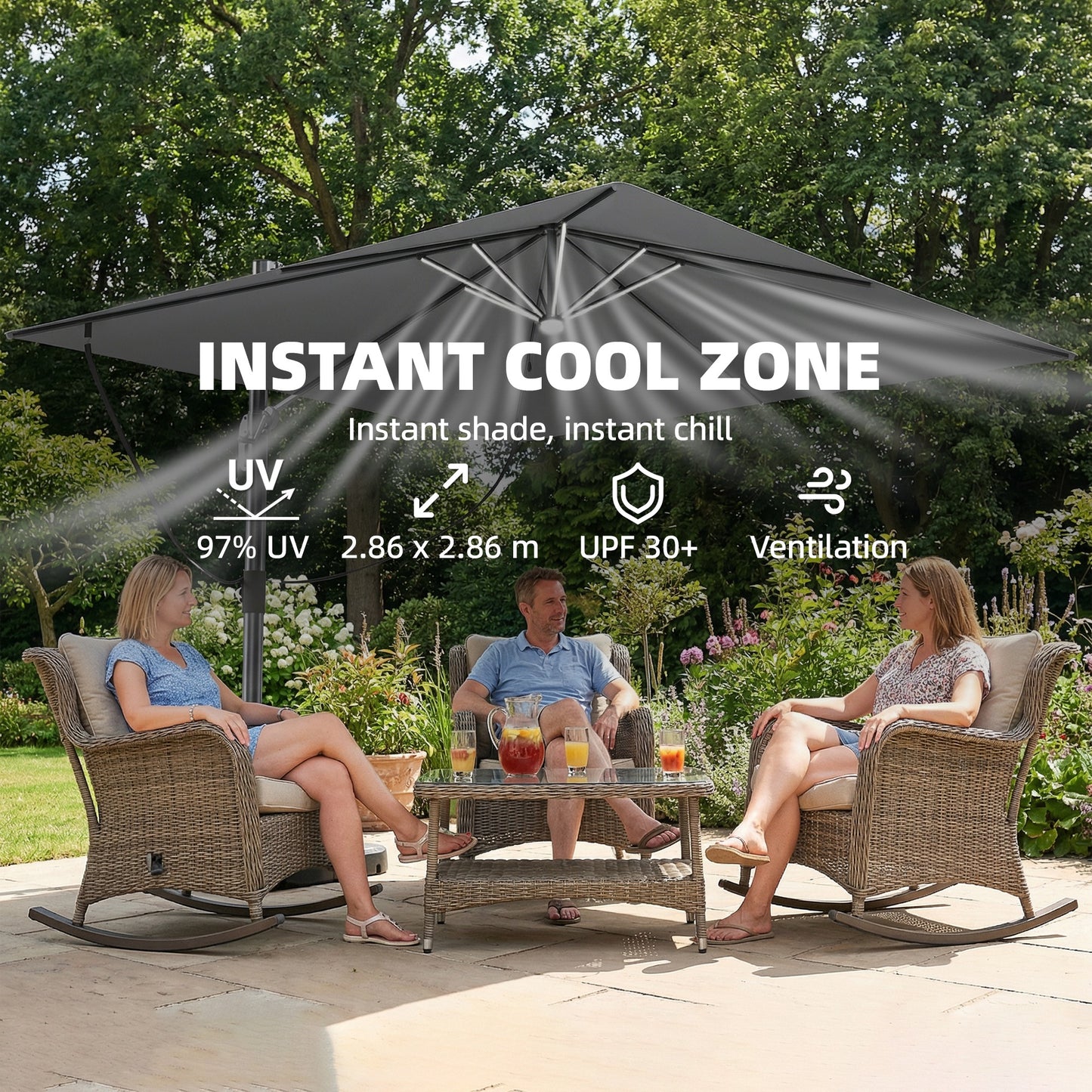 3 x 3 m Garden Cantilever Parasol with Light, Cover