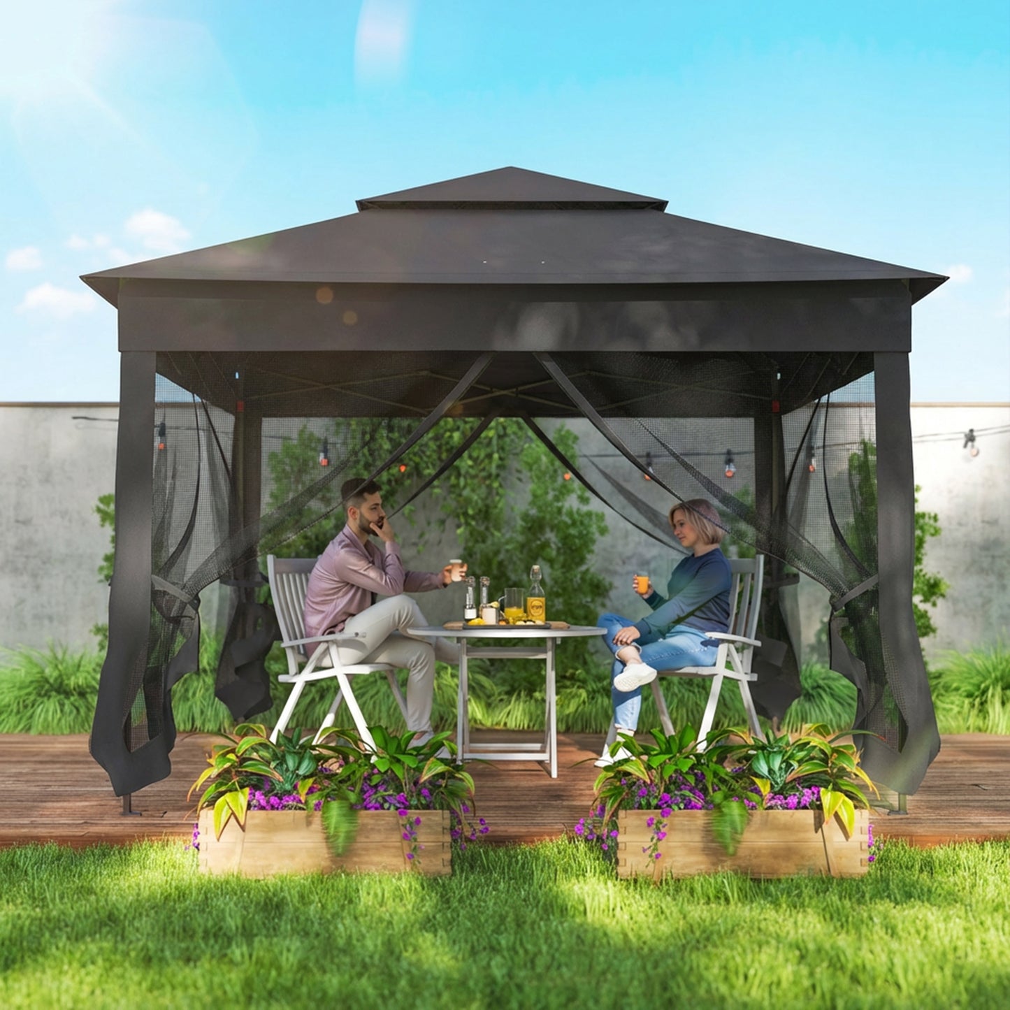3 x 3(m) Pop Up Gazebo, Double-roof Garden Tent with Netting (1)
