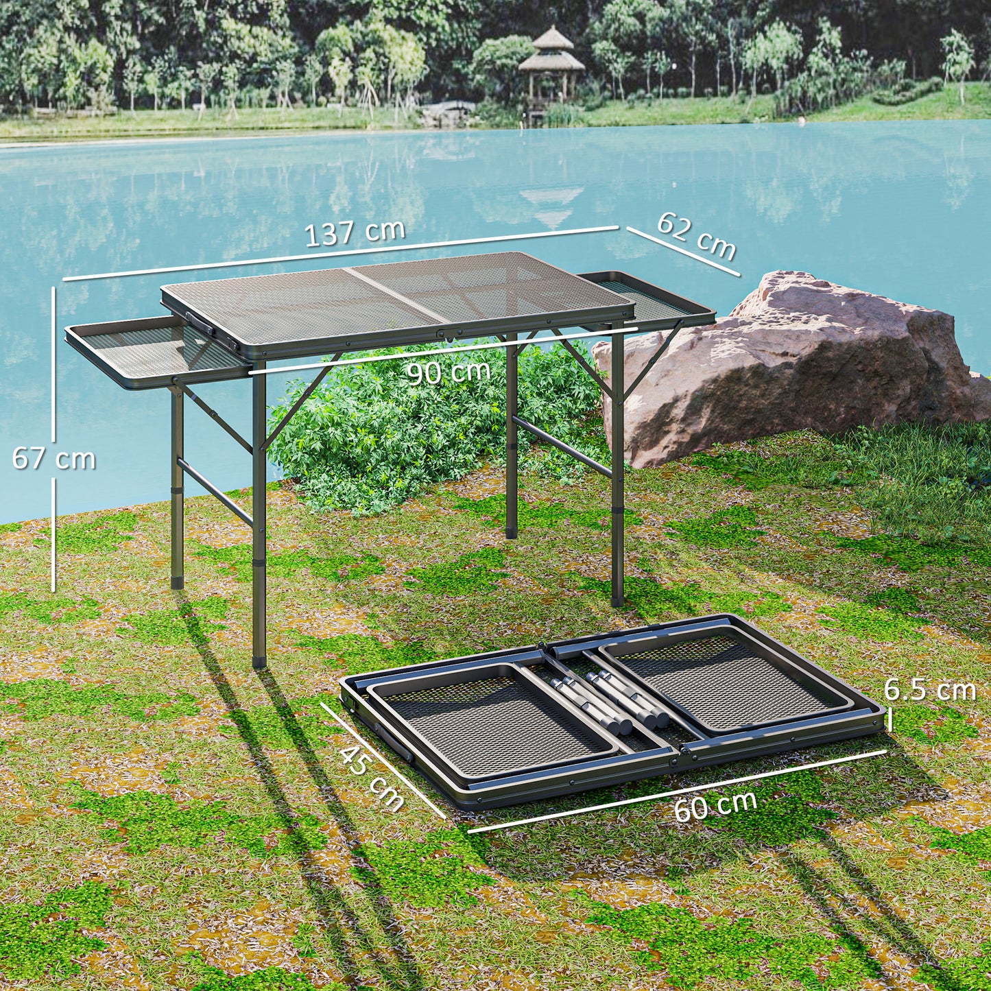 Folding Grill Table, 4.5ft Portable Camping Table with 2 Wing Panels