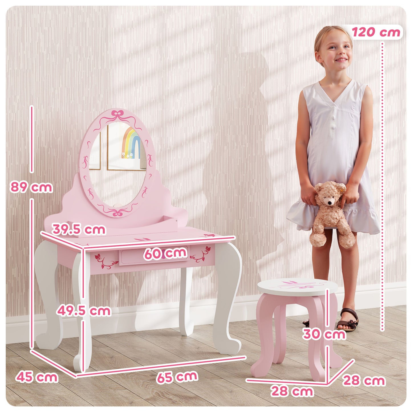 Kids Dressing Table Set, Vanity Table with Stool, Mirror, Drawer