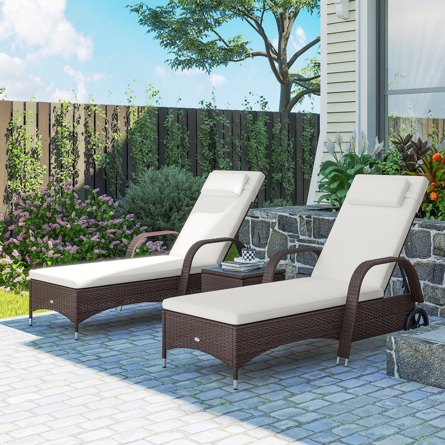 Rattan Sun Loungers for Garden Set of 2 with Side Table