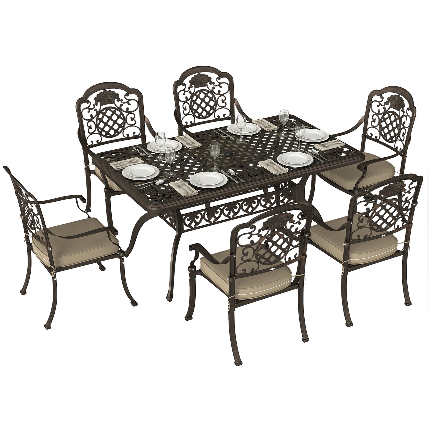 Garden Dining Set for 6, Cast Aluminium Outdoor Table and Chairs Set