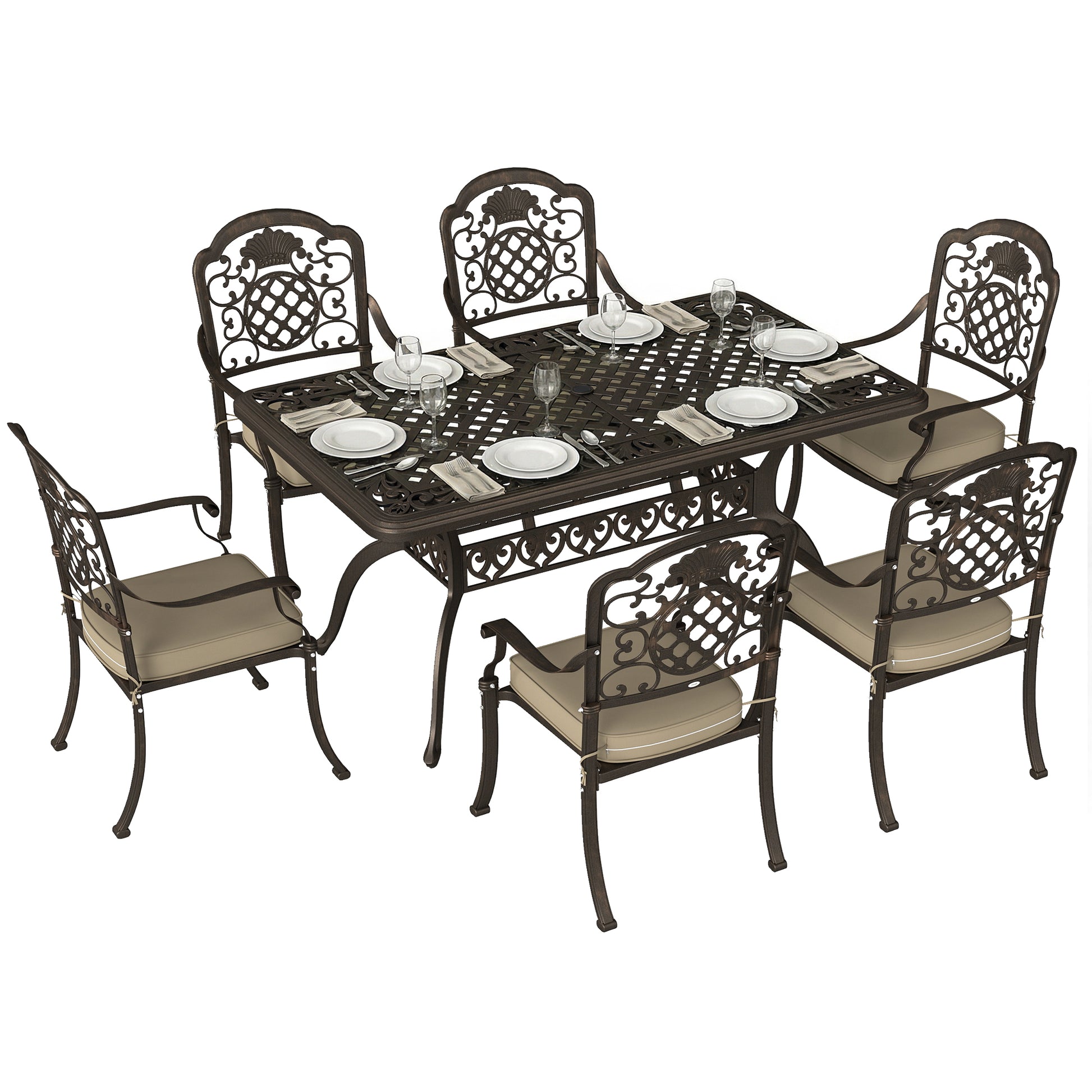 Garden Dining Set for 6, Cast Aluminium Outdoor Table and Chairs Set