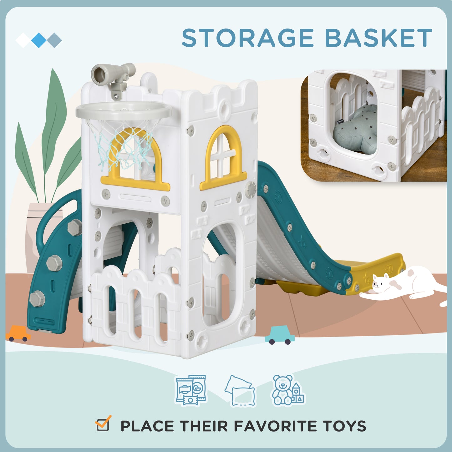 5 in 1 Toddler Slide with Basketball Hoop, Climber, Telescope