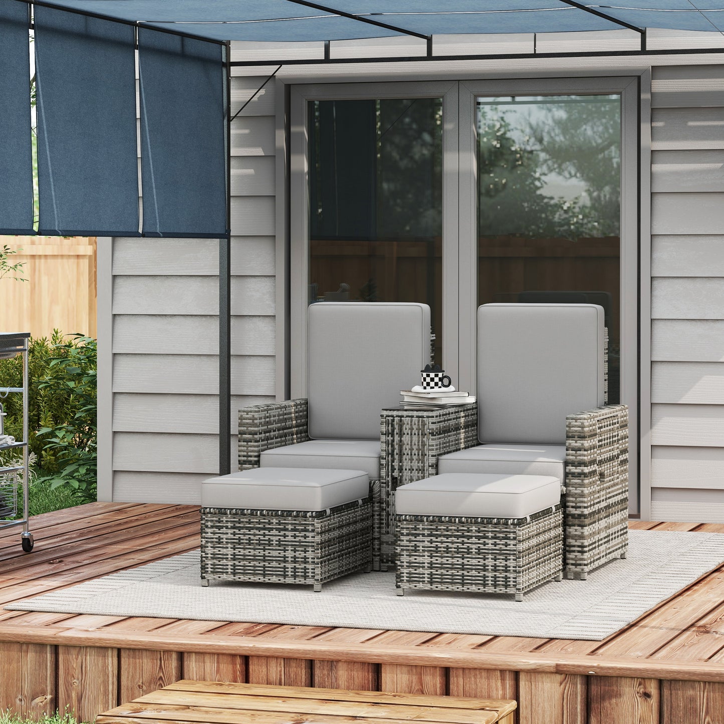 Rattan Sun Lounger w/ Storage Tea Table & Footstools