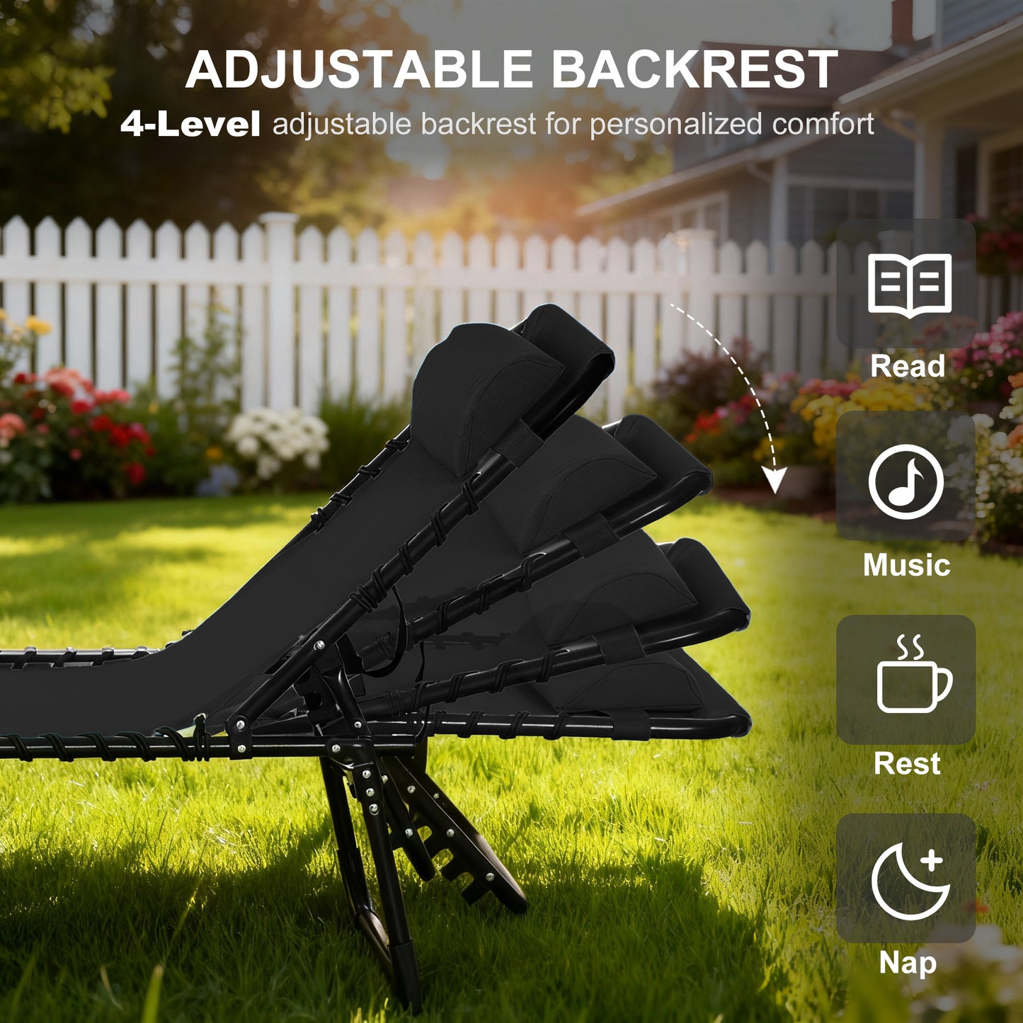 Foldable Sun Lounger, Outdoor 4 Level Adjustable Backrest Reclining
