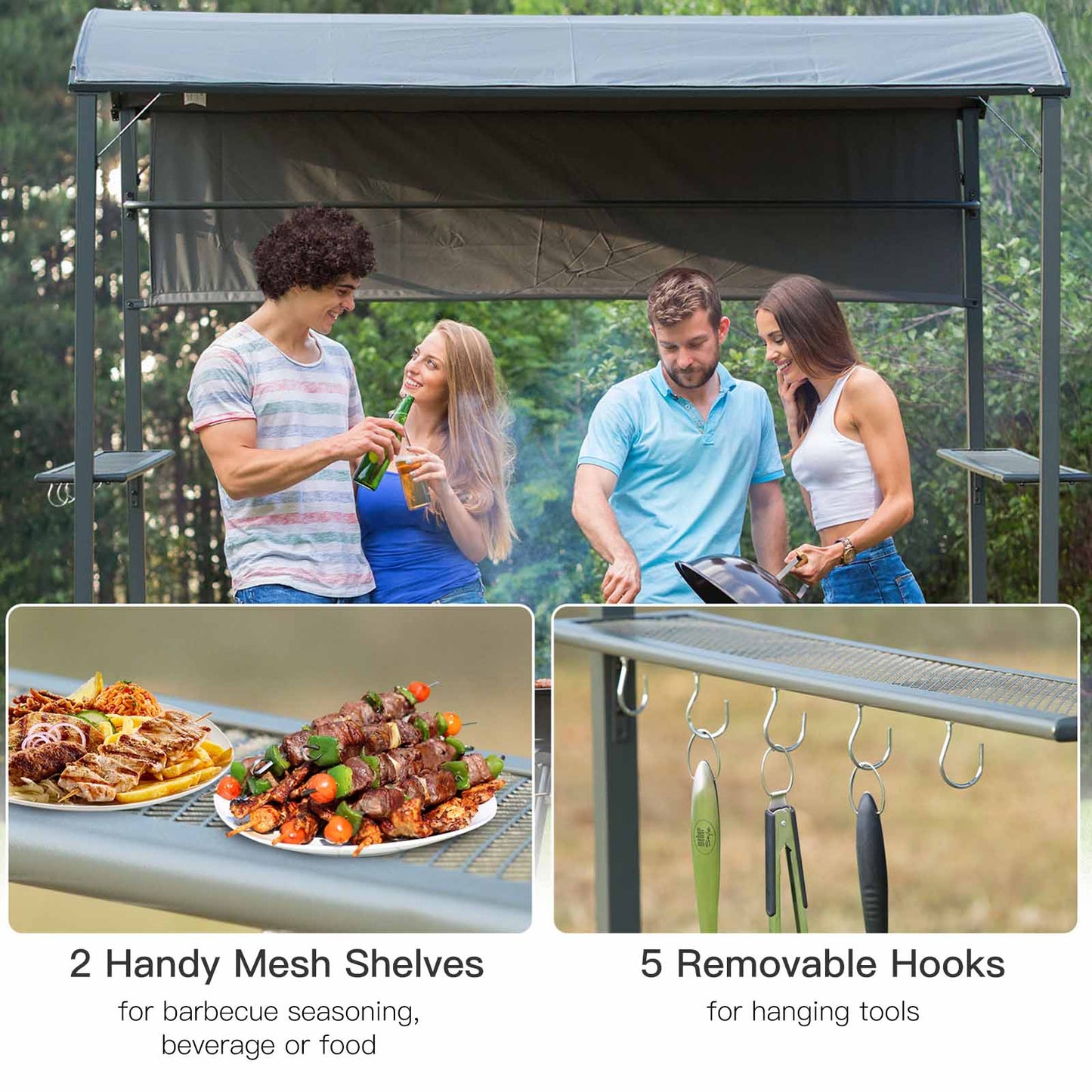 2.2 x 1.4m BBQ Shelter, Outdoor Grill Gazebo Canopy with Shelves