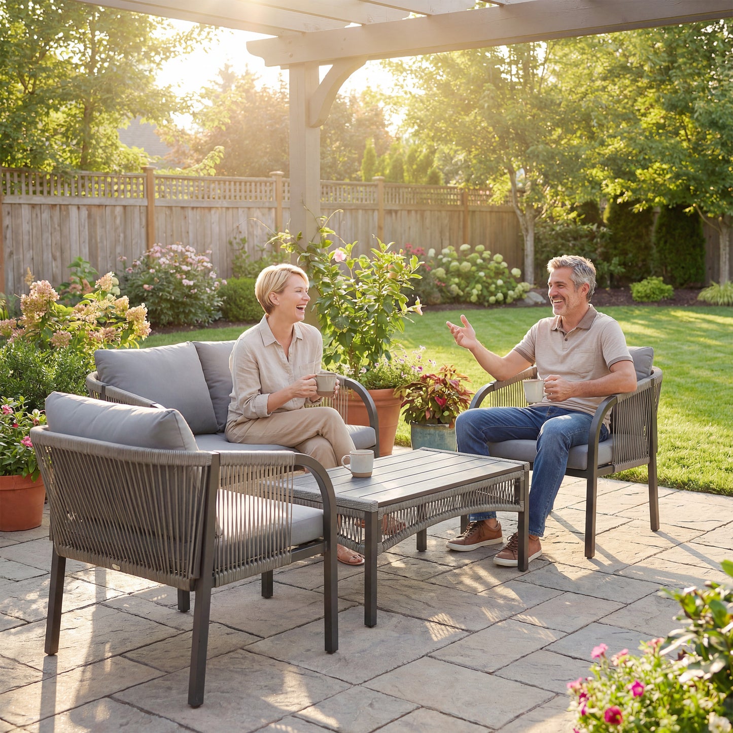 4 Piece Rattan Garden Furniture Set with Loveseat, Armchairs, Table