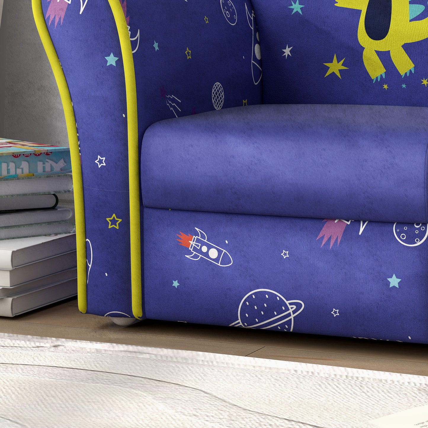 Kids Armchair with Planet Dinosaurs Design, Wooden Frame
