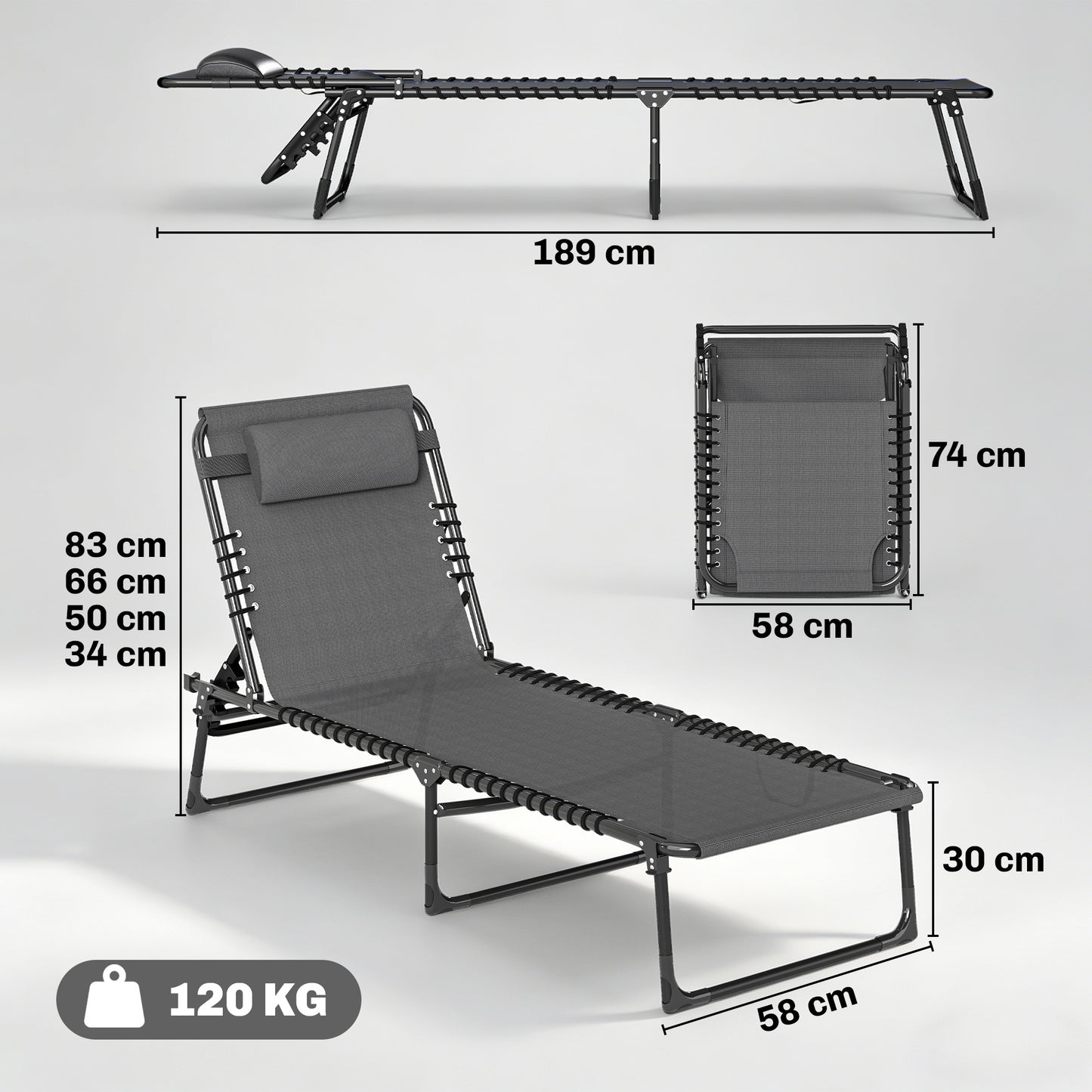 Set of Two Folding Sun Loungers, with Four-Position Backs