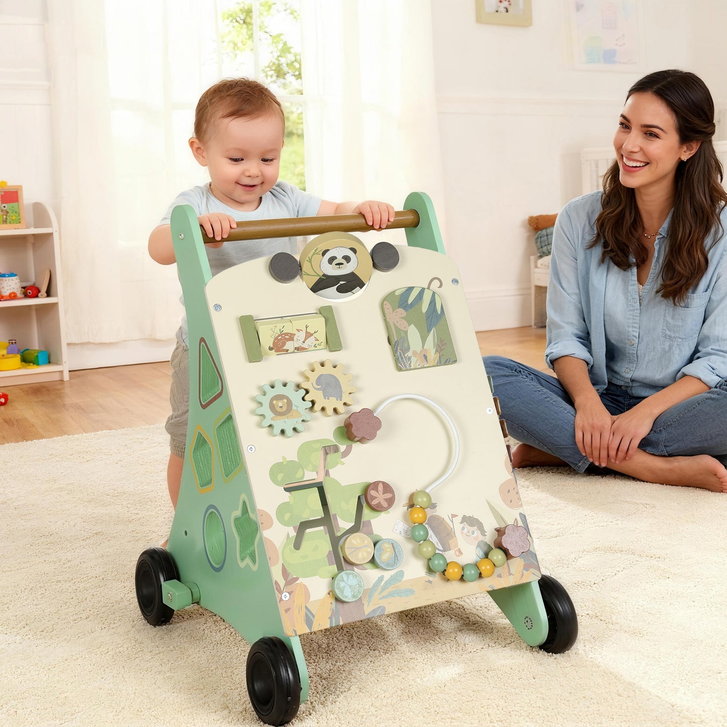 Wooden Baby Walker, Push Along Walker Toys with Speed Control