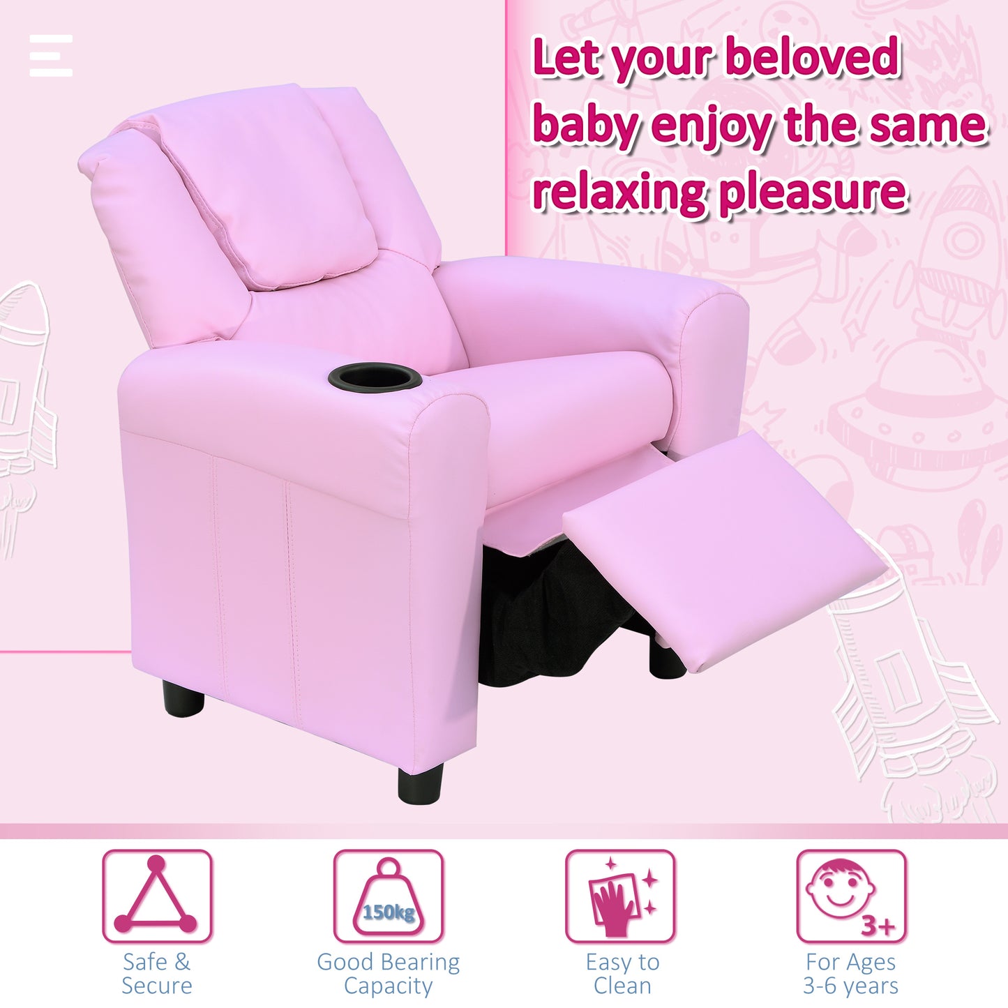 Kids Recliner Chair, PU Leather with Adjustable Backrest, Footrest